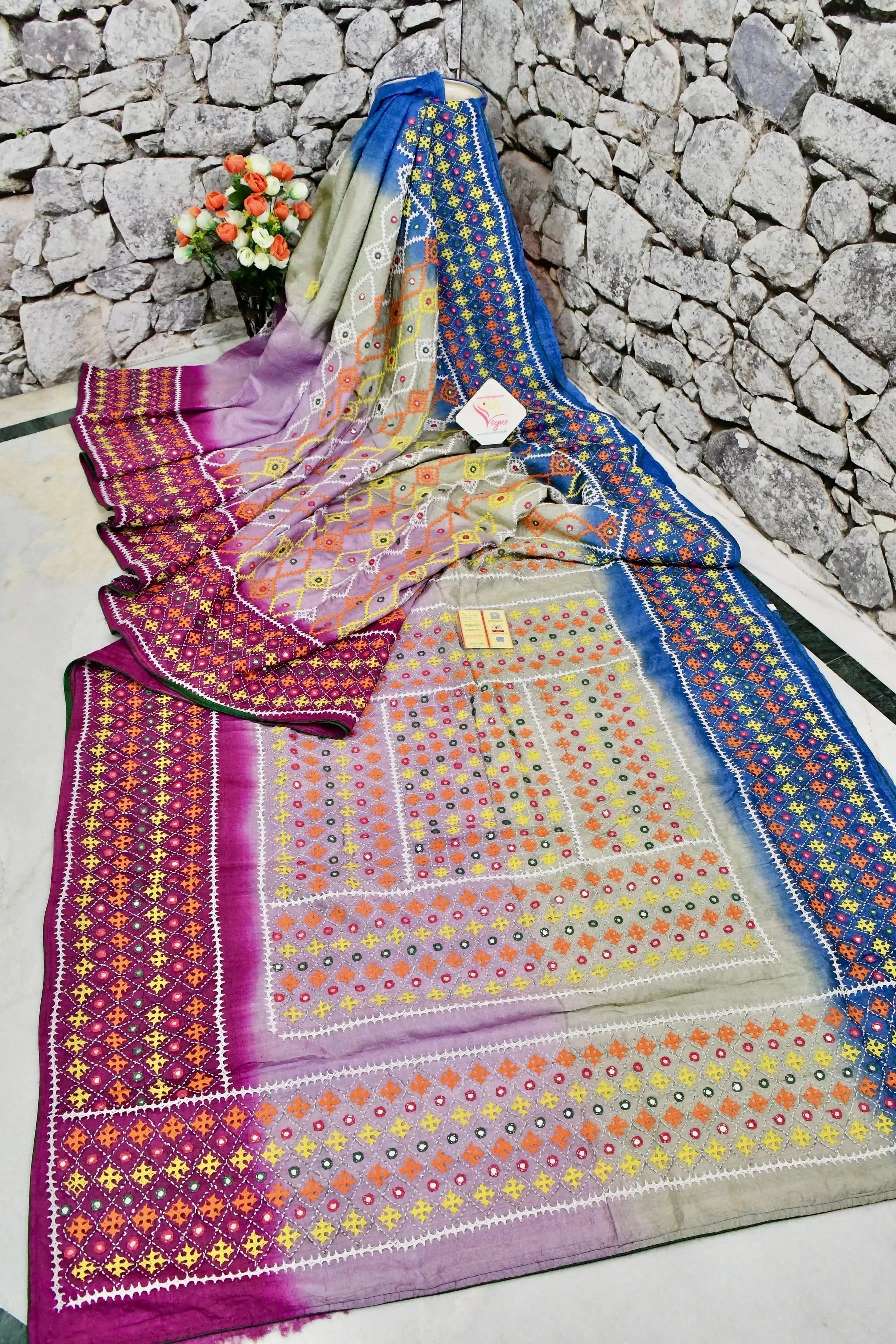 Multicolor Pure Gachi Tussar with Dye Work and Allover Kantha Embroidery and Gujrati Mirror Work