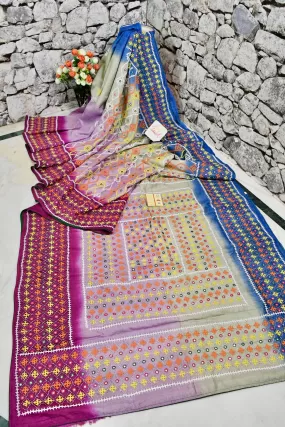 Multicolor Pure Gachi Tussar with Dye Work and Allover Kantha Embroidery and Gujrati Mirror Work