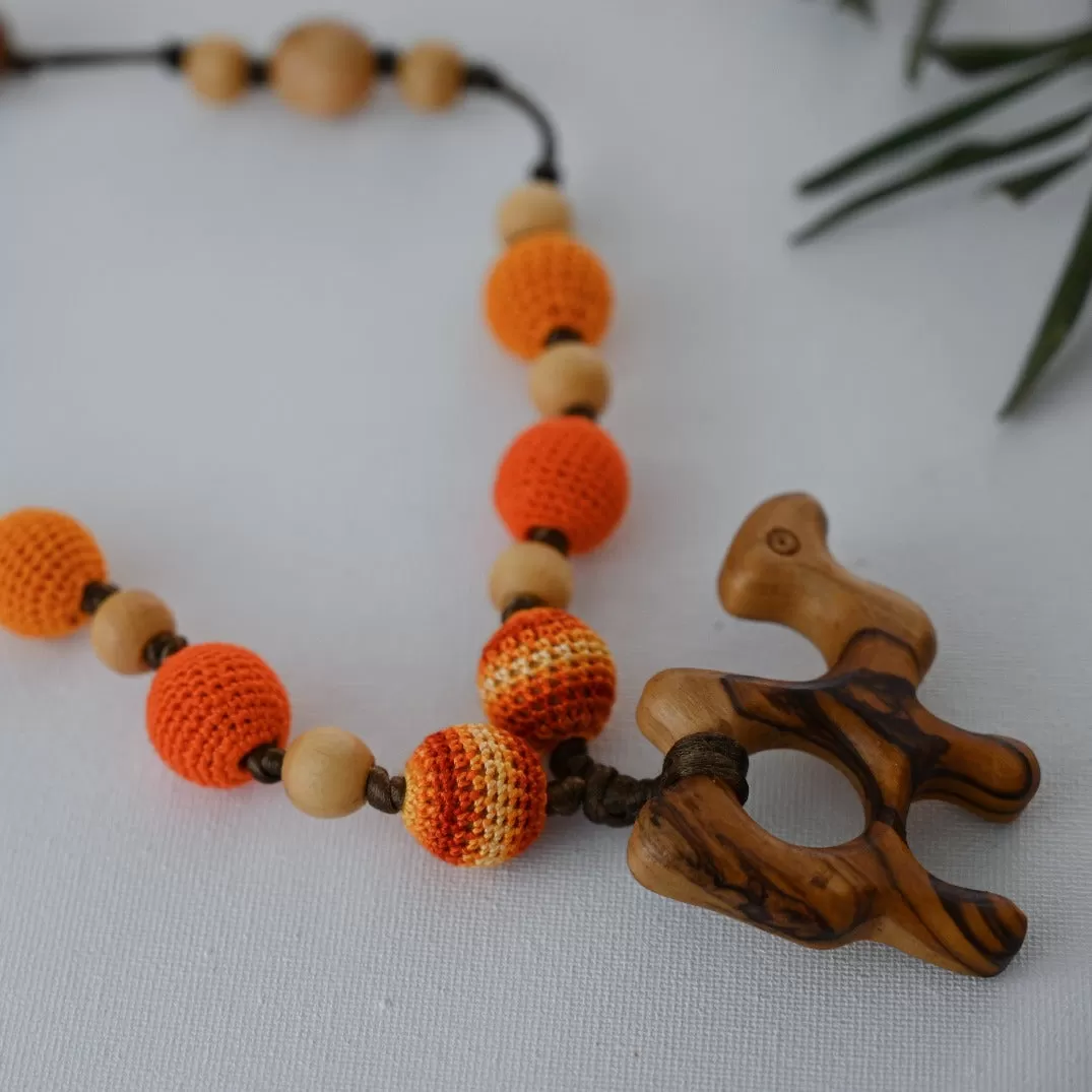 Natural Wooden Teething Necklace with Camel Orange Crocheted Beads