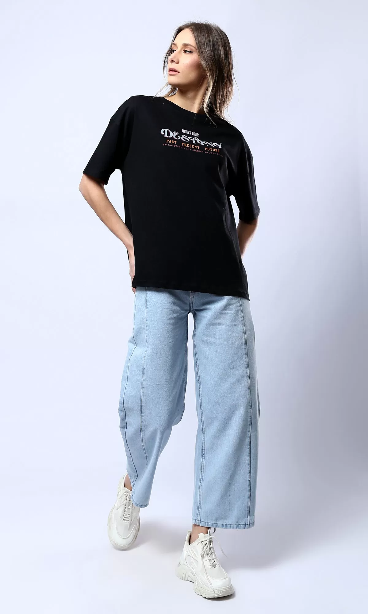 O177956 Fashionable Solid Light Blue Casual Wide Jeans