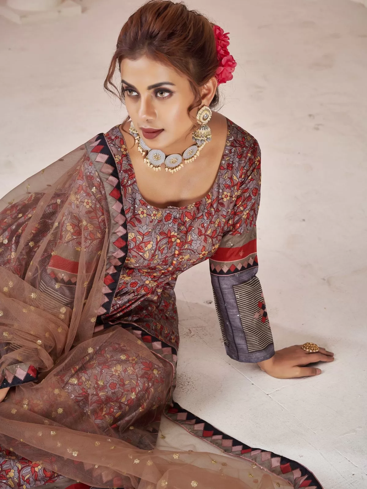 Odette Maroon Silk Blend Printed Gown with Dupatta For Women