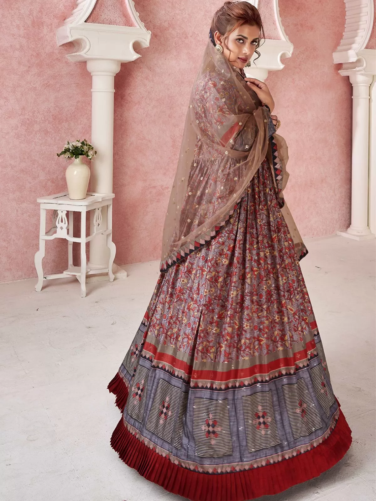 Odette Maroon Silk Blend Printed Gown with Dupatta For Women