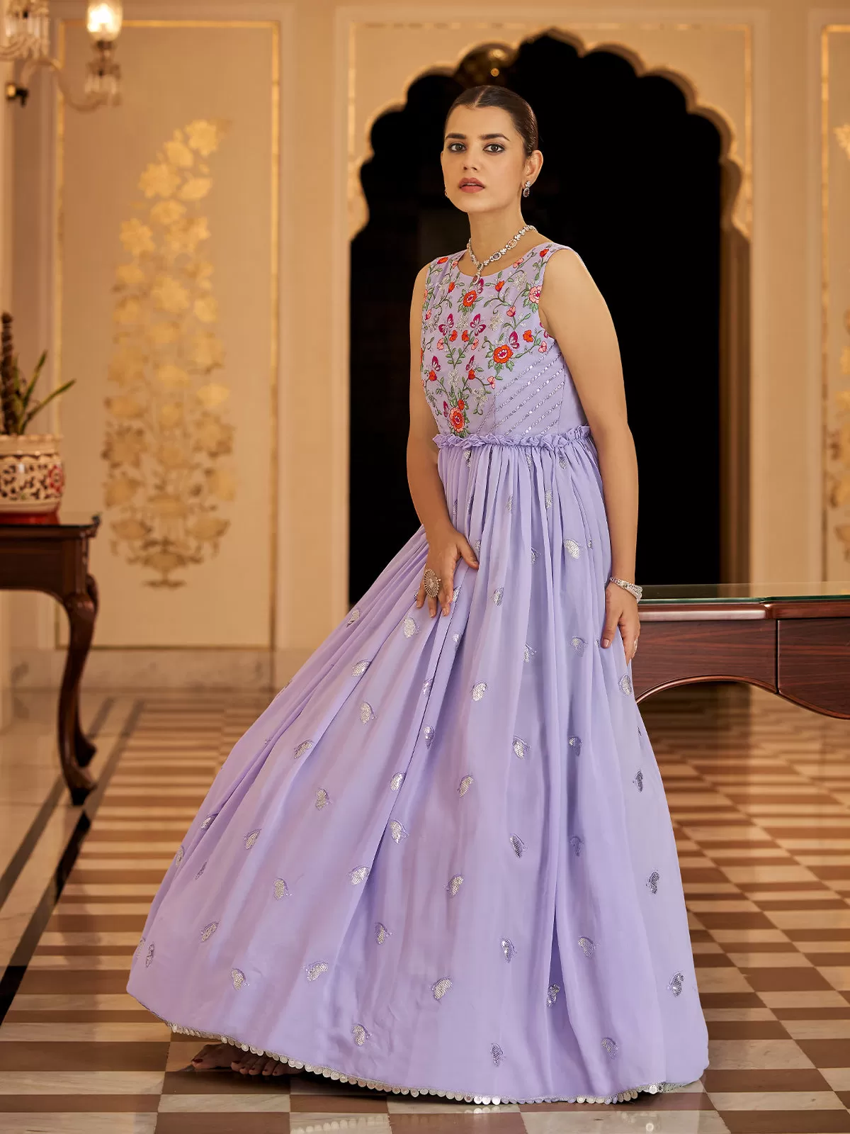 Odette Women Designer Purple Georgette Semi Stitched Gown