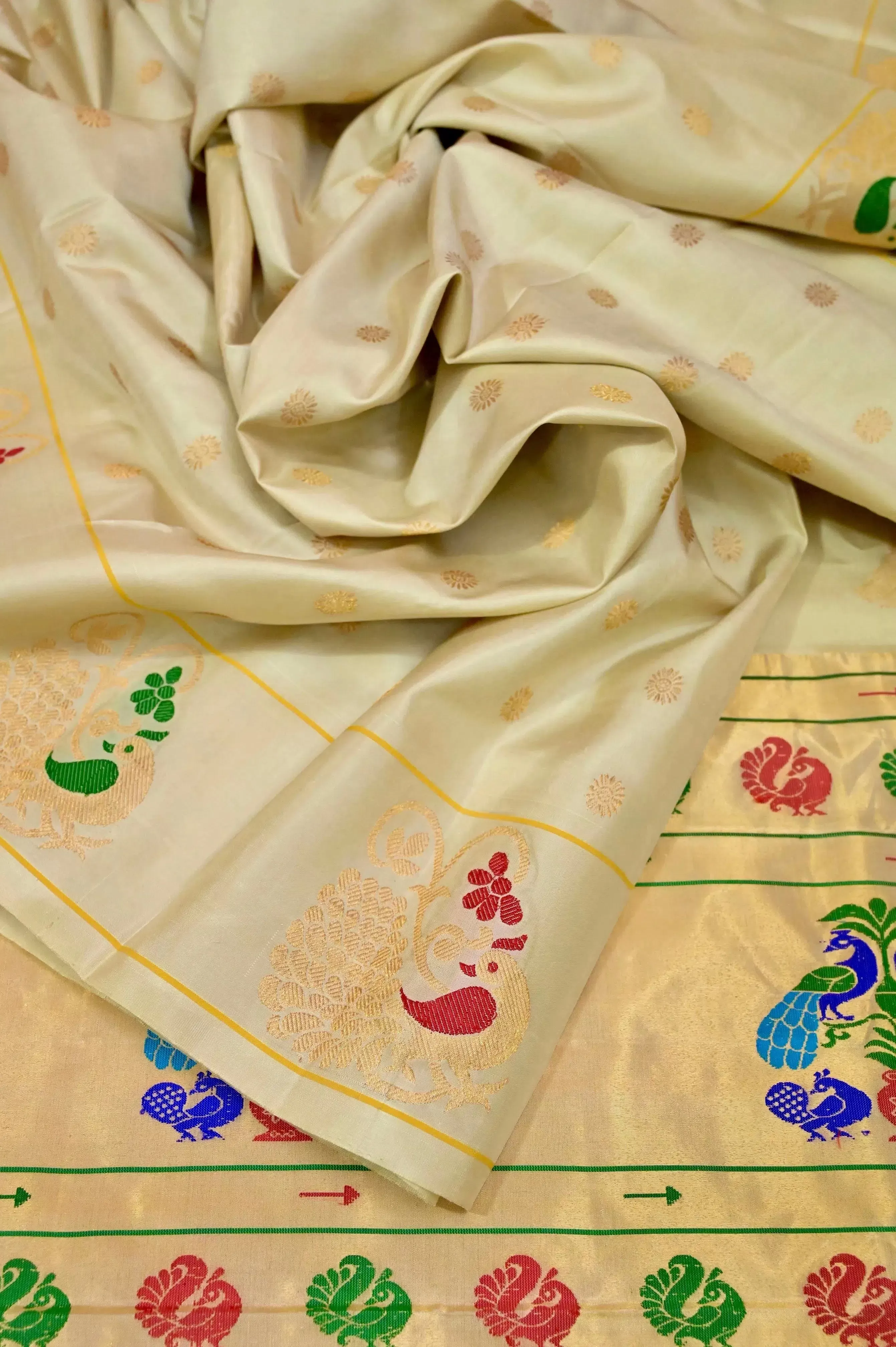 Offwhite Color Pure Maharani Paithani Silk Saree with Allover Golden Buti Work and Peacock Meenakari Motif