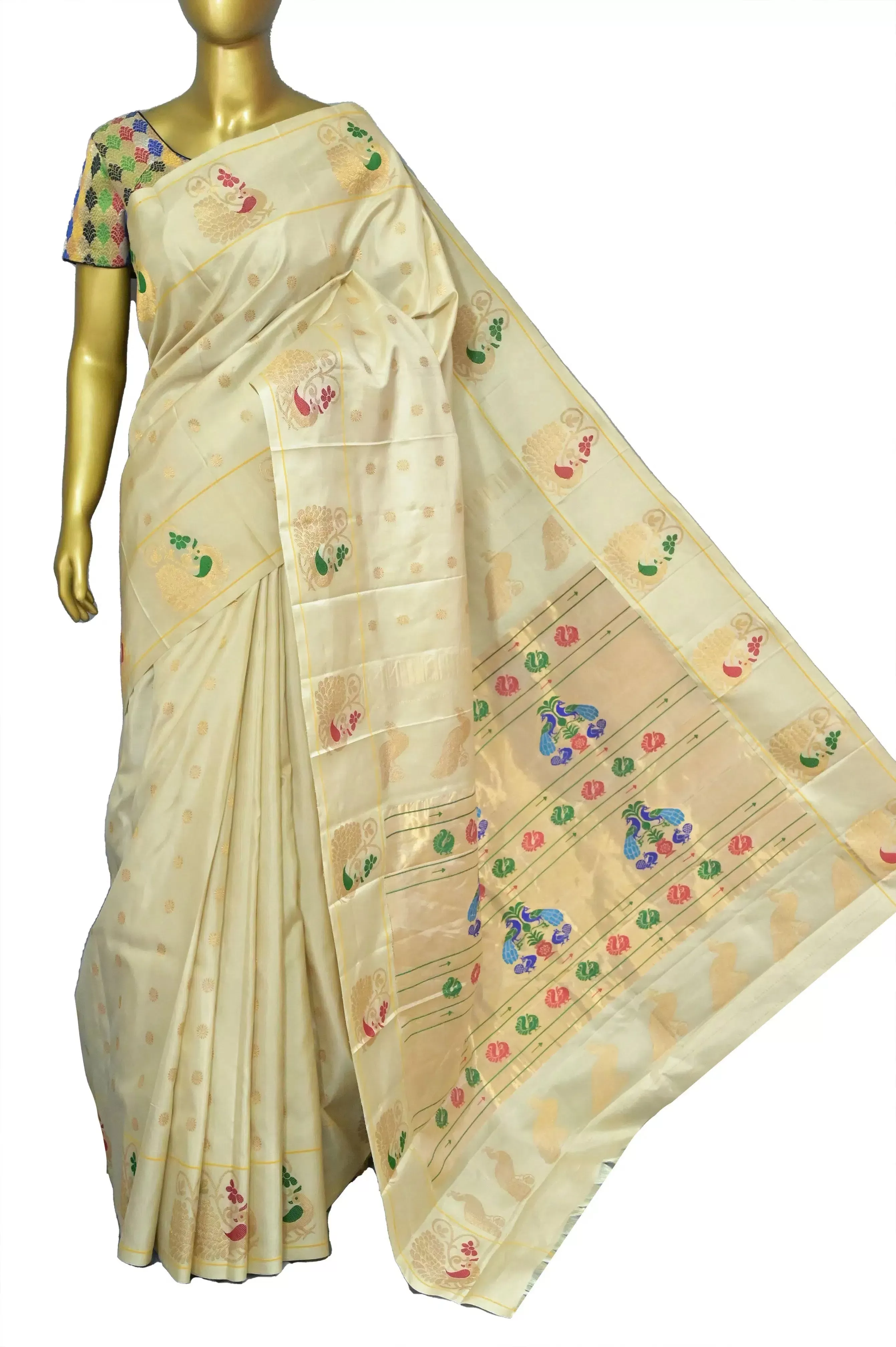 Offwhite Color Pure Maharani Paithani Silk Saree with Allover Golden Buti Work and Peacock Meenakari Motif