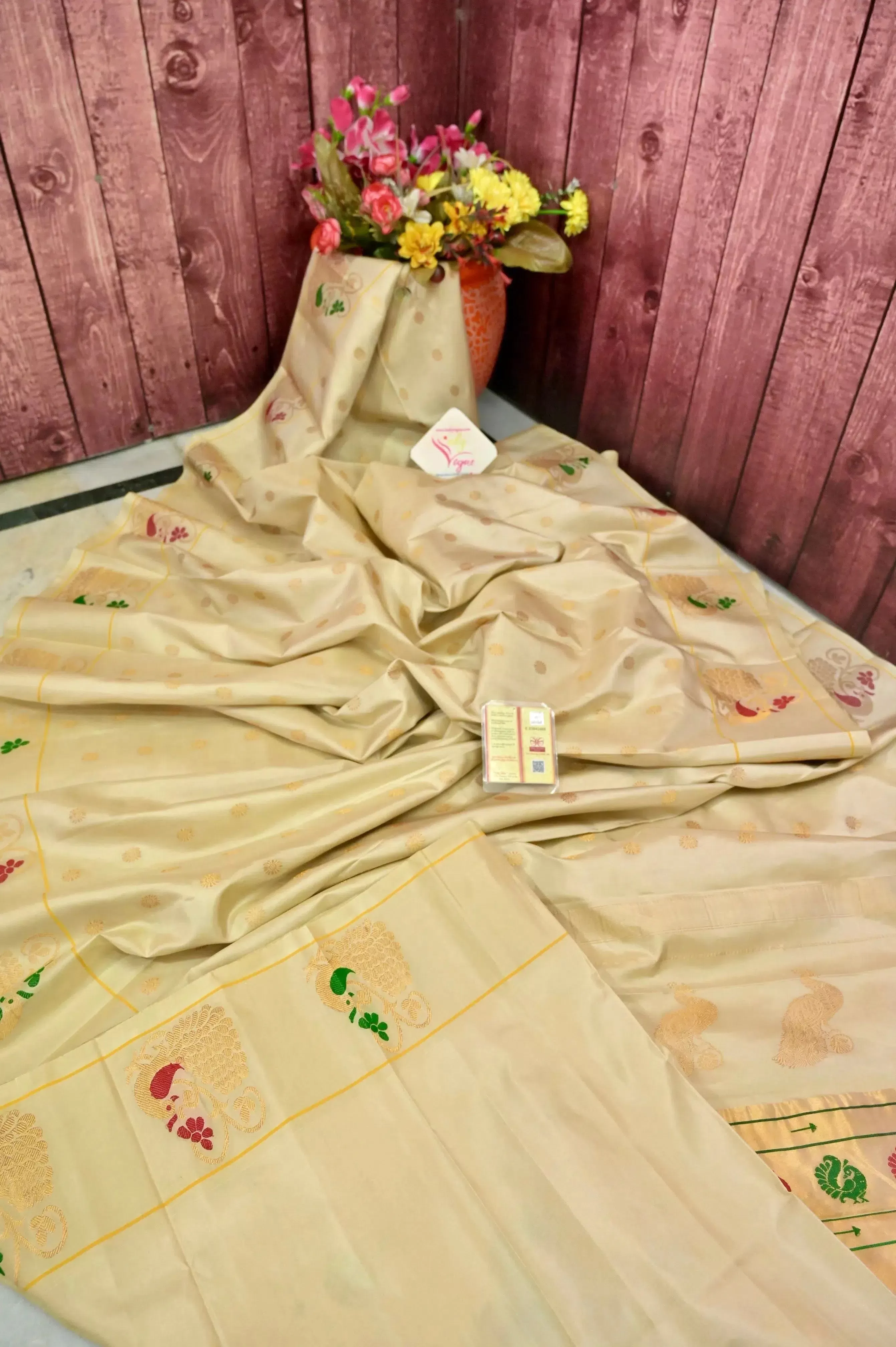 Offwhite Color Pure Maharani Paithani Silk Saree with Allover Golden Buti Work and Peacock Meenakari Motif