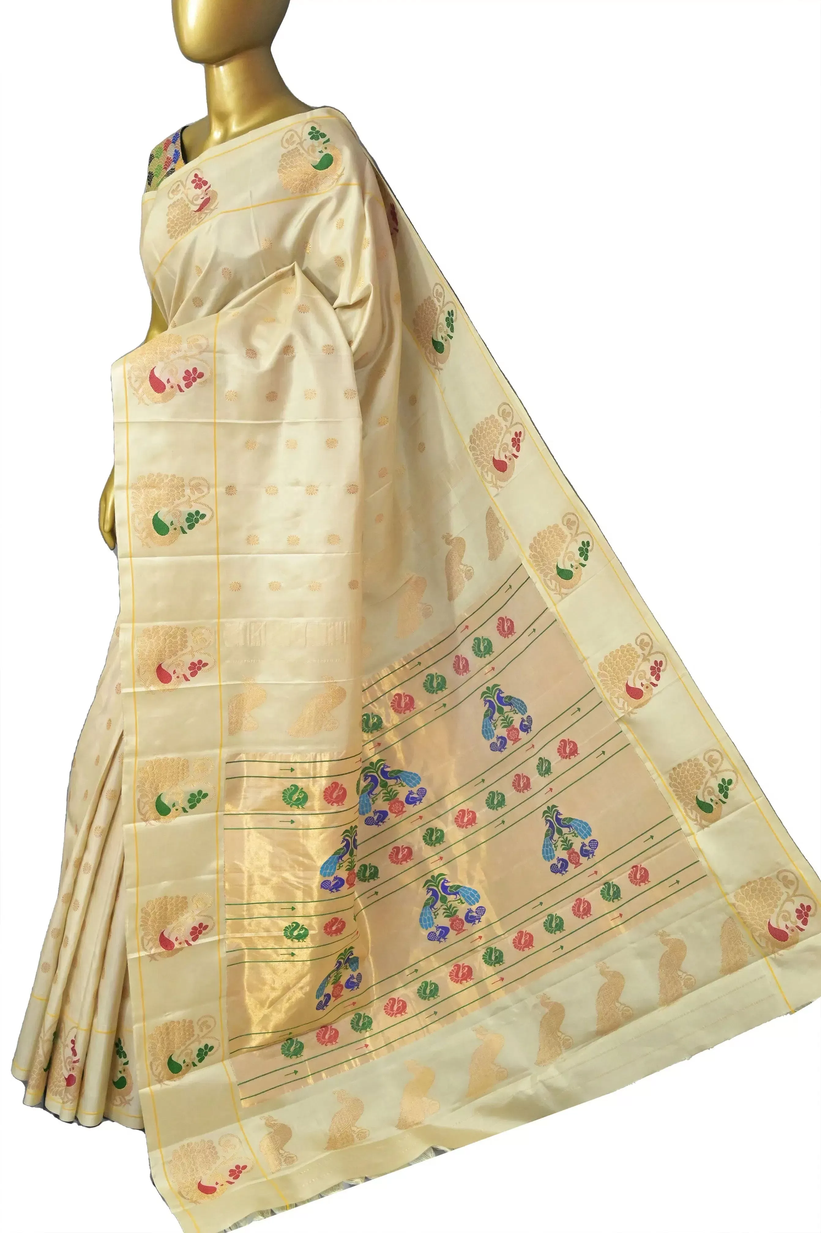 Offwhite Color Pure Maharani Paithani Silk Saree with Allover Golden Buti Work and Peacock Meenakari Motif