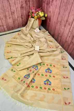 Offwhite Color Pure Maharani Paithani Silk Saree with Allover Golden Buti Work and Peacock Meenakari Motif