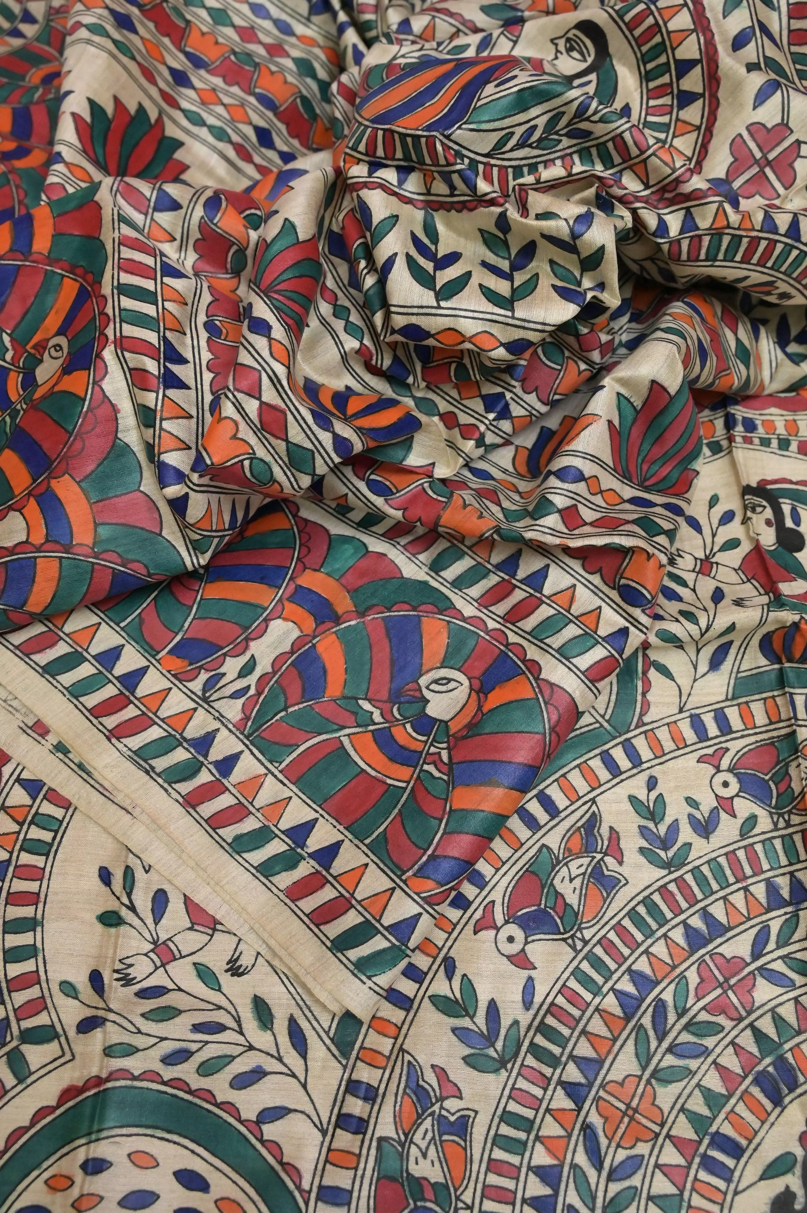 Offwhite Color Tussar Katan  Saree with Hand Painted Madhubani Work