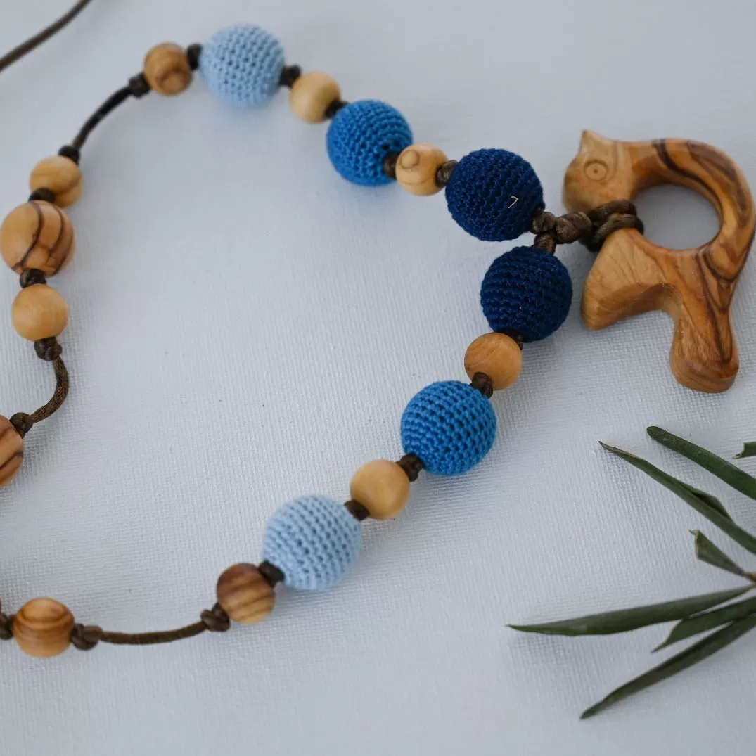 Olive Wood Nursing Necklace in Natural Style with Blue Dove Beads