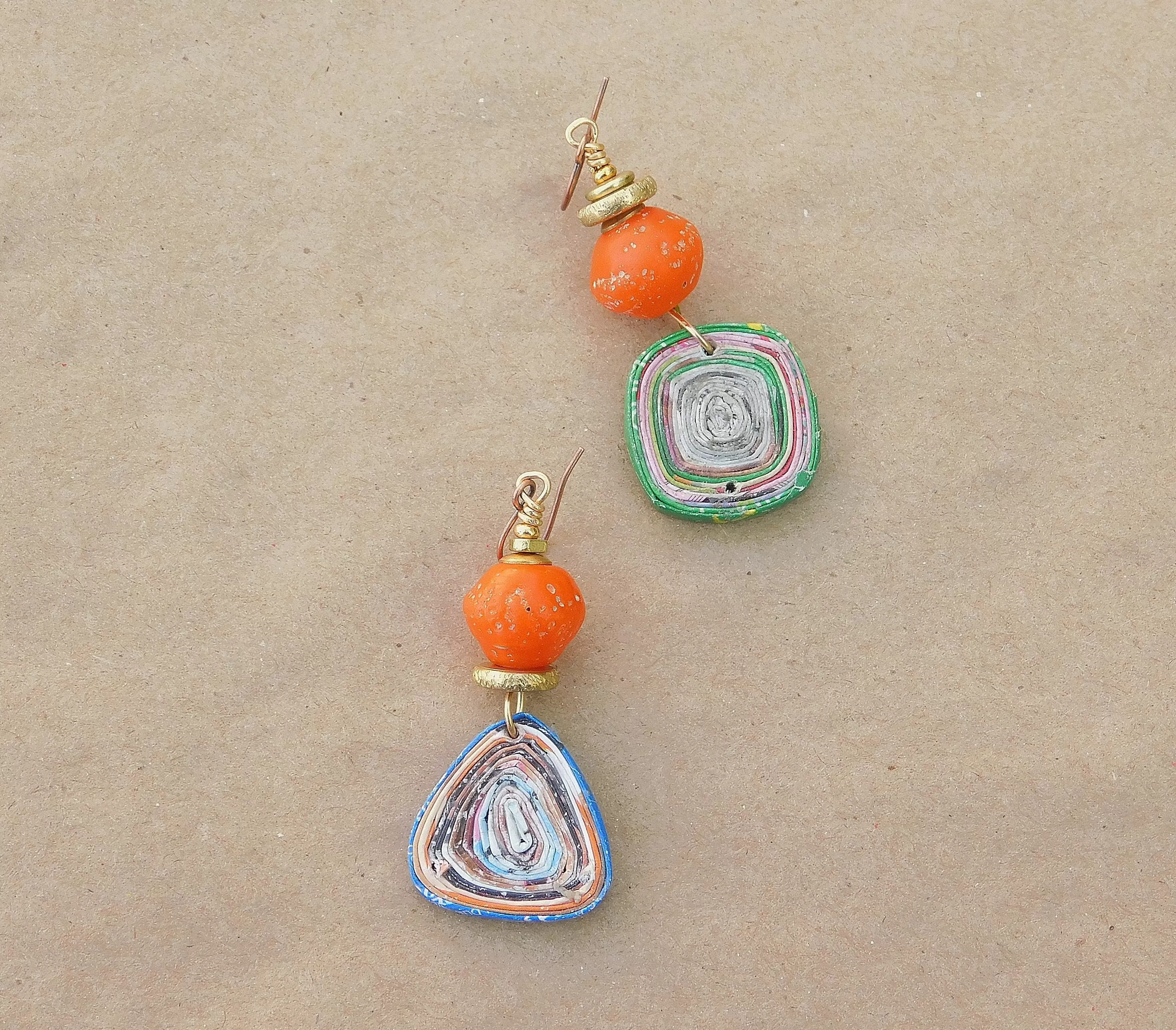 Orange Java Bicone and Paper Bead Earrings