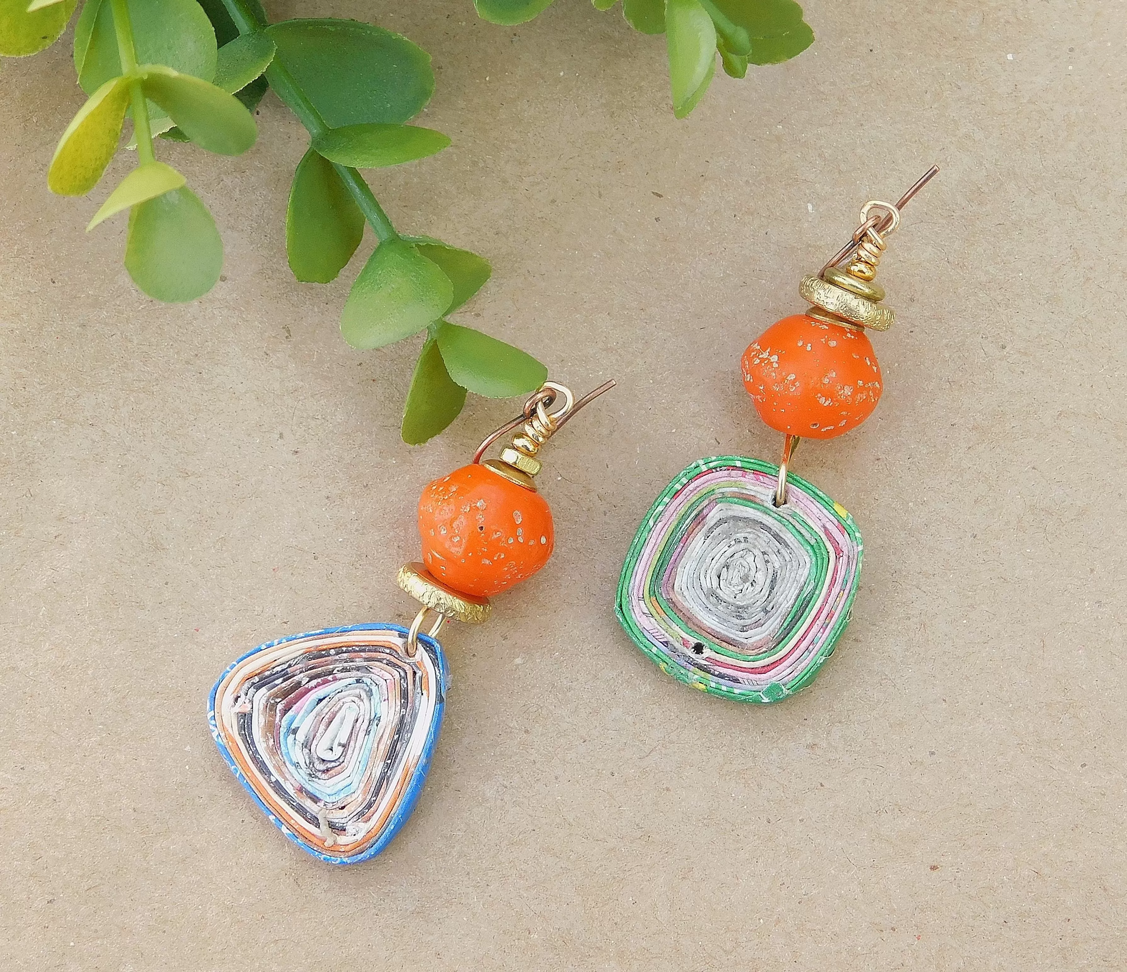 Orange Java Bicone and Paper Bead Earrings