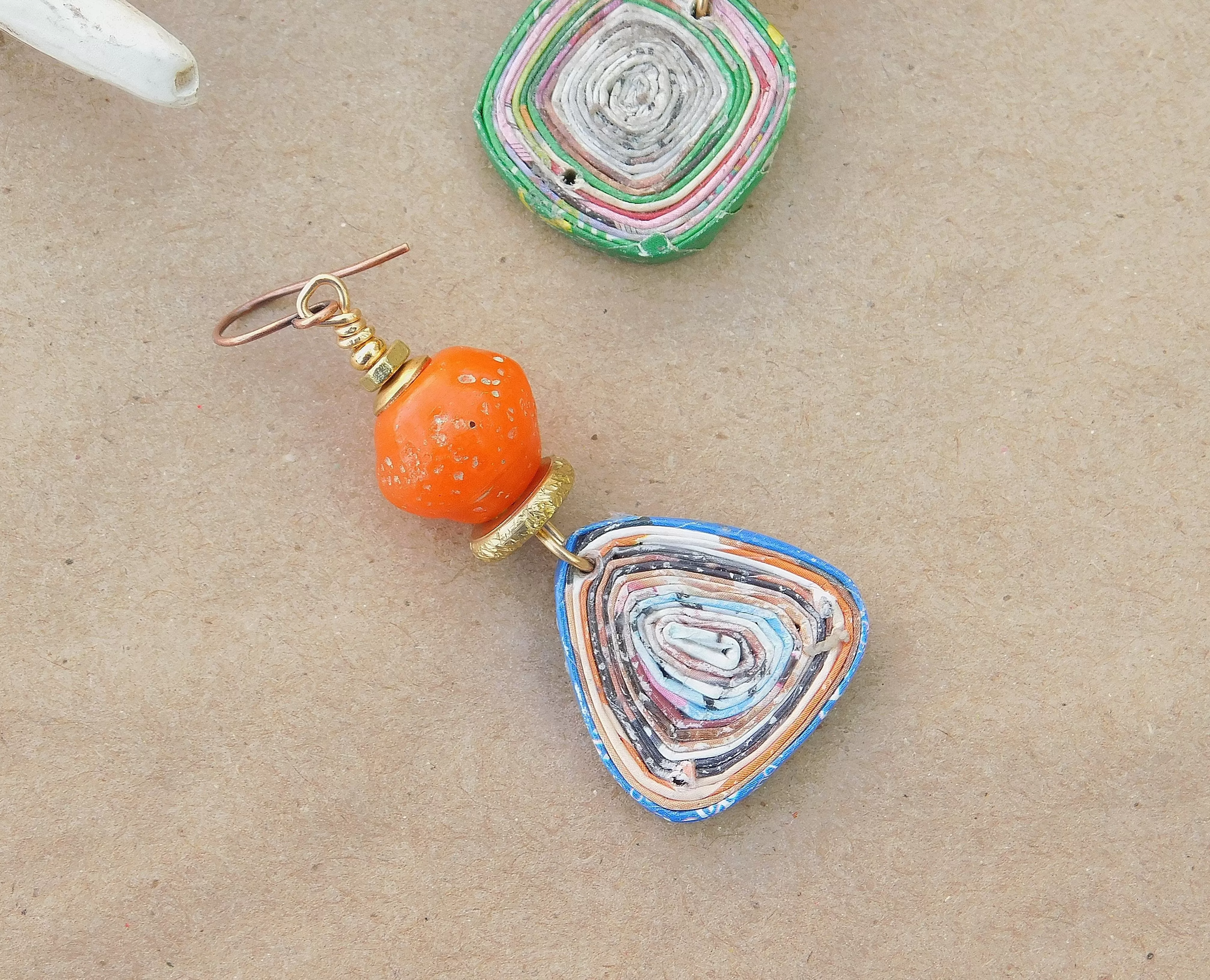 Orange Java Bicone and Paper Bead Earrings