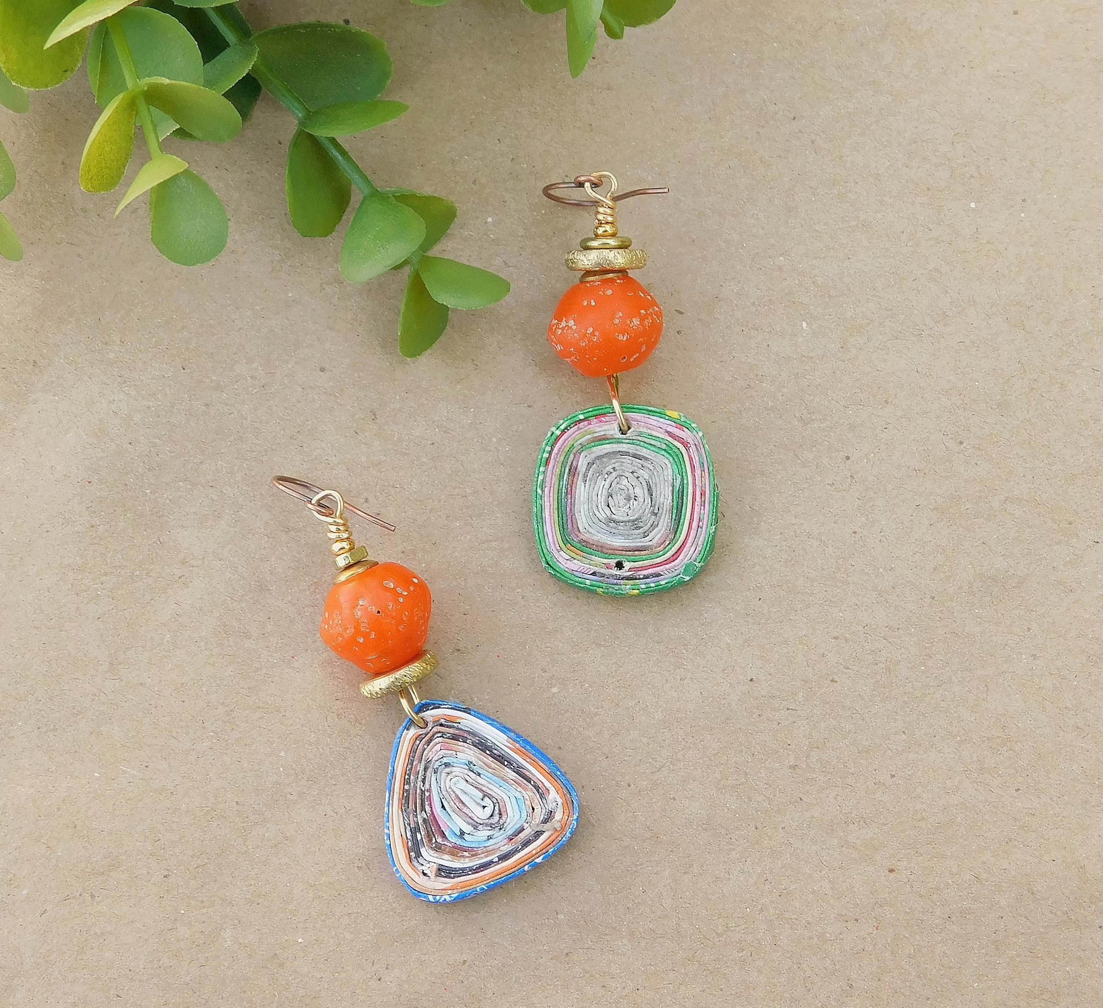 Orange Java Bicone and Paper Bead Earrings