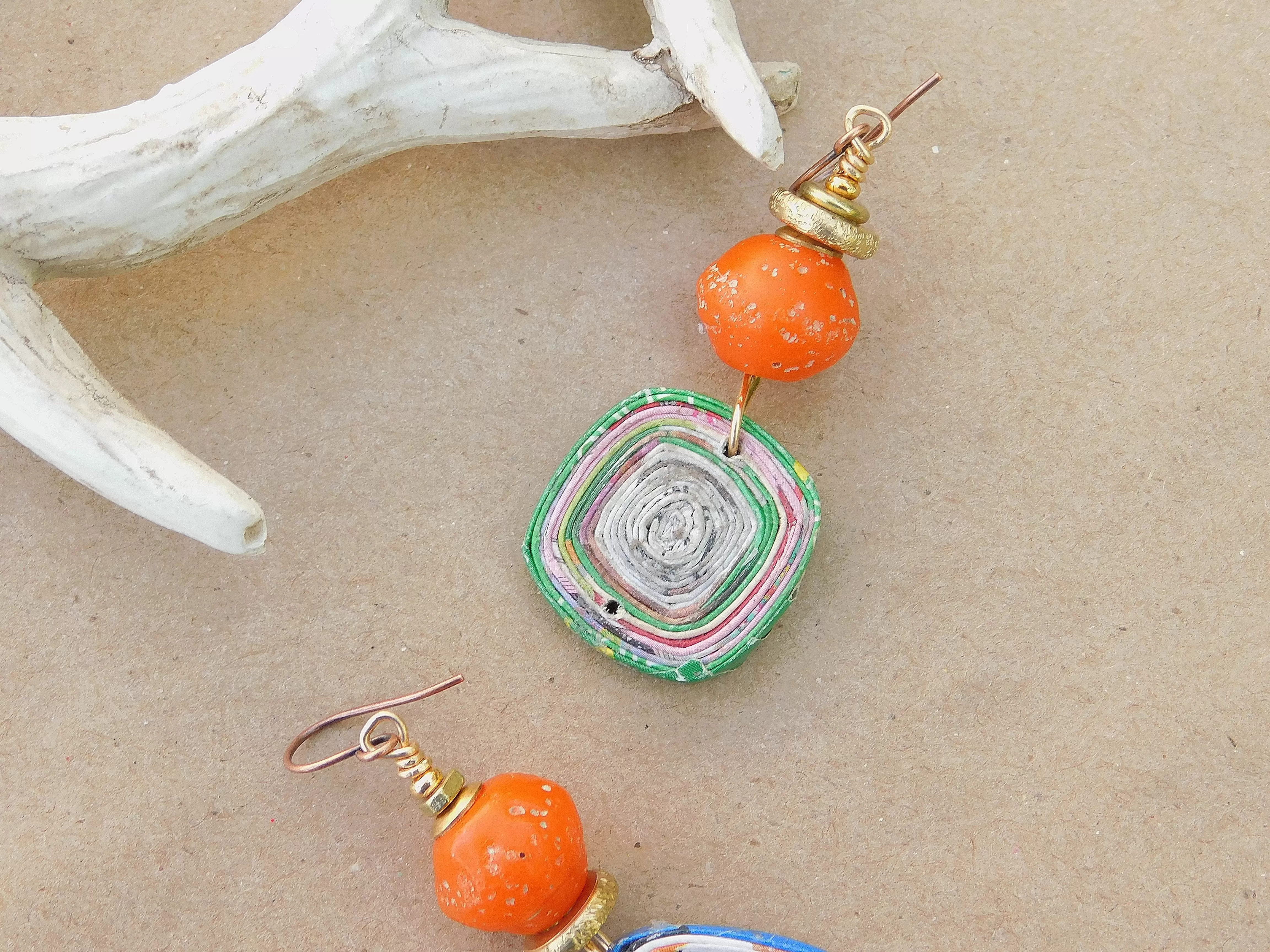 Orange Java Bicone and Paper Bead Earrings