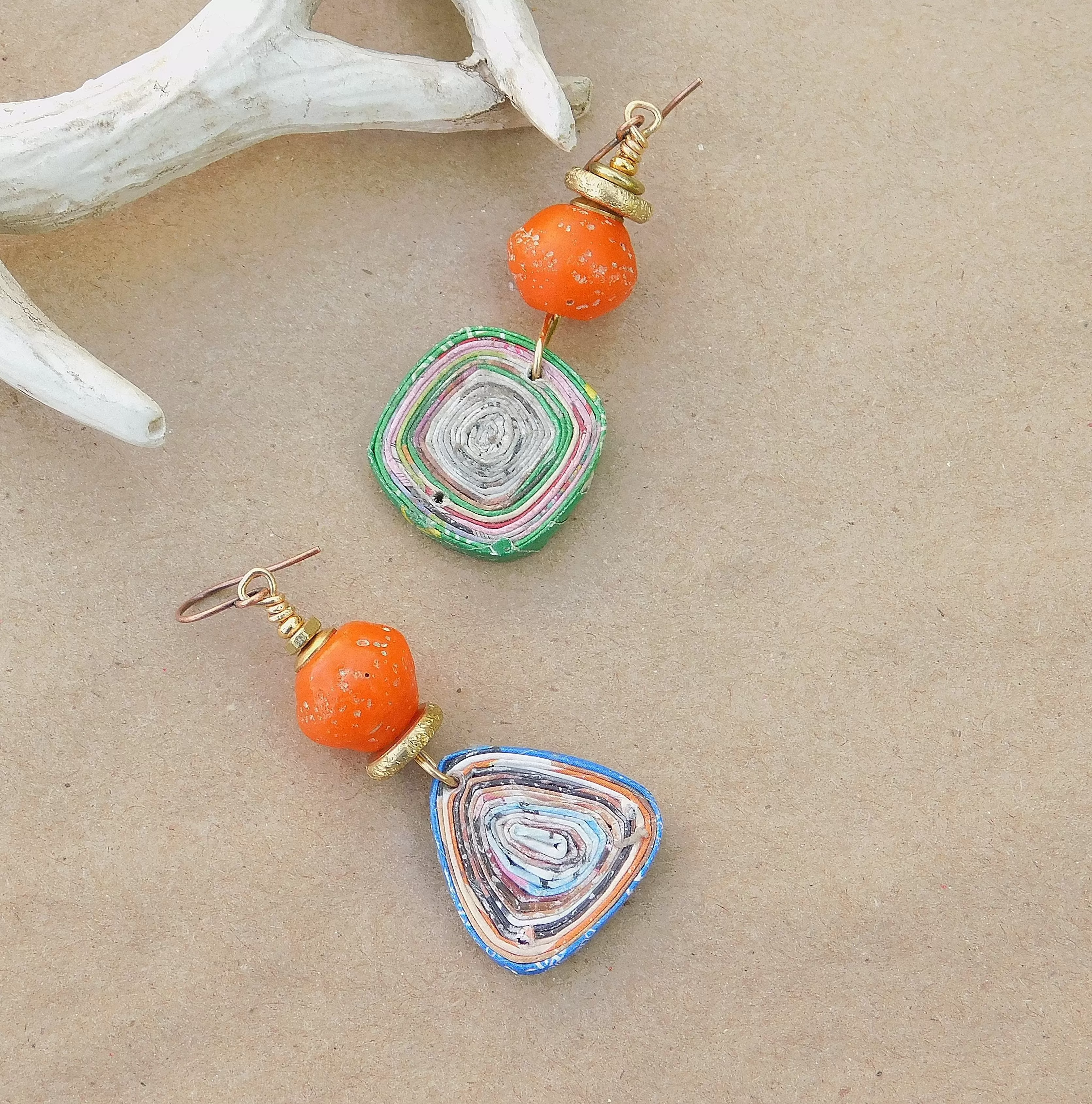 Orange Java Bicone and Paper Bead Earrings