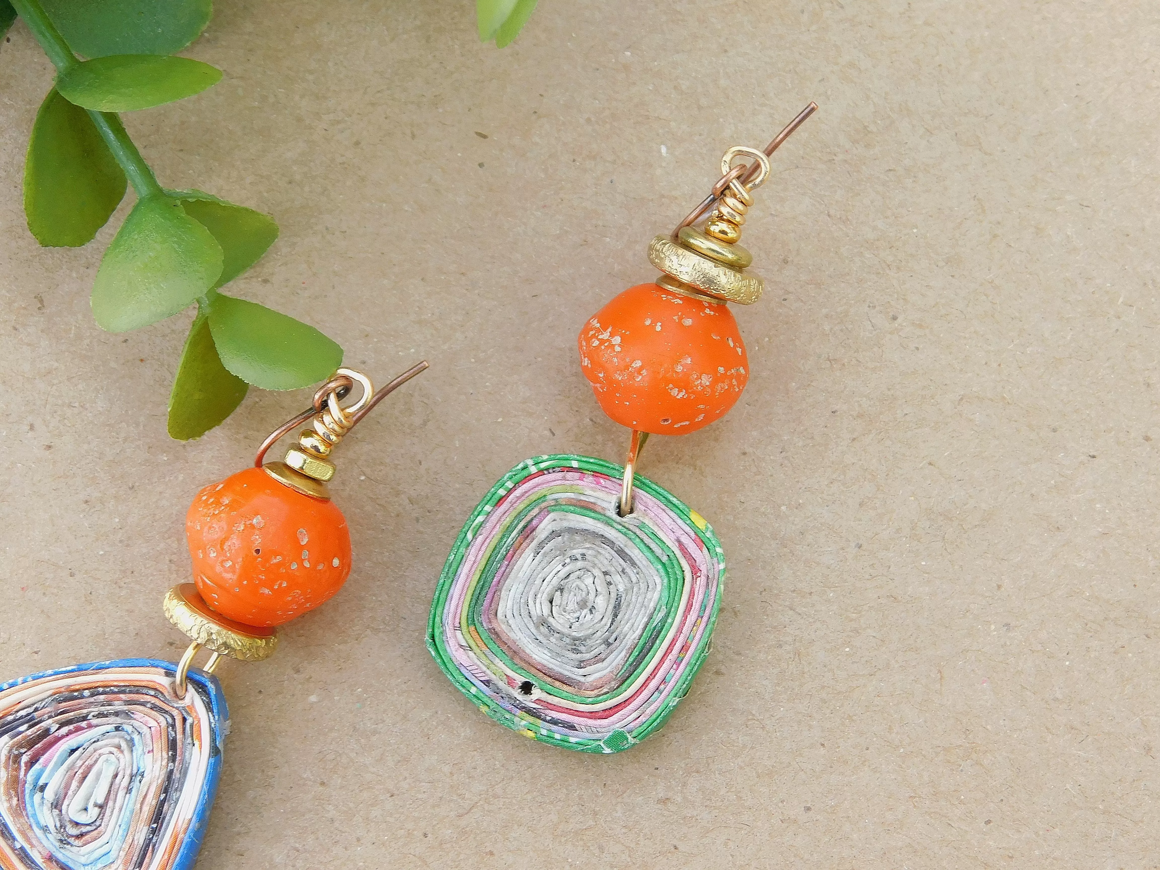 Orange Java Bicone and Paper Bead Earrings