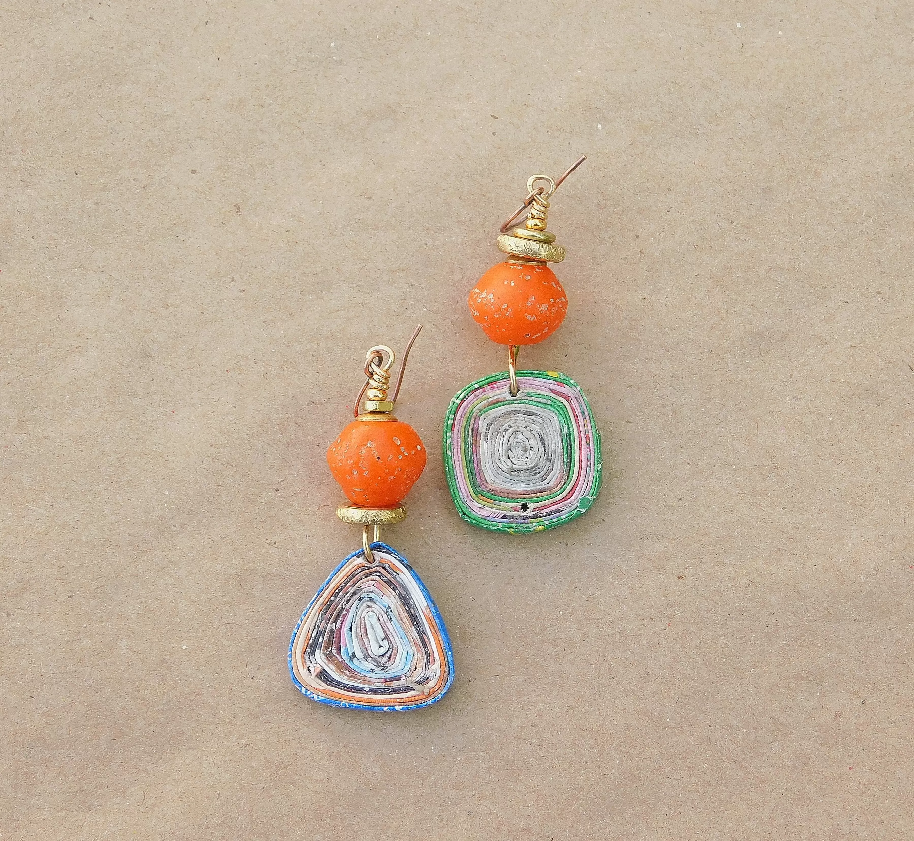 Orange Java Bicone and Paper Bead Earrings