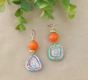 Orange Java Bicone and Paper Bead Earrings