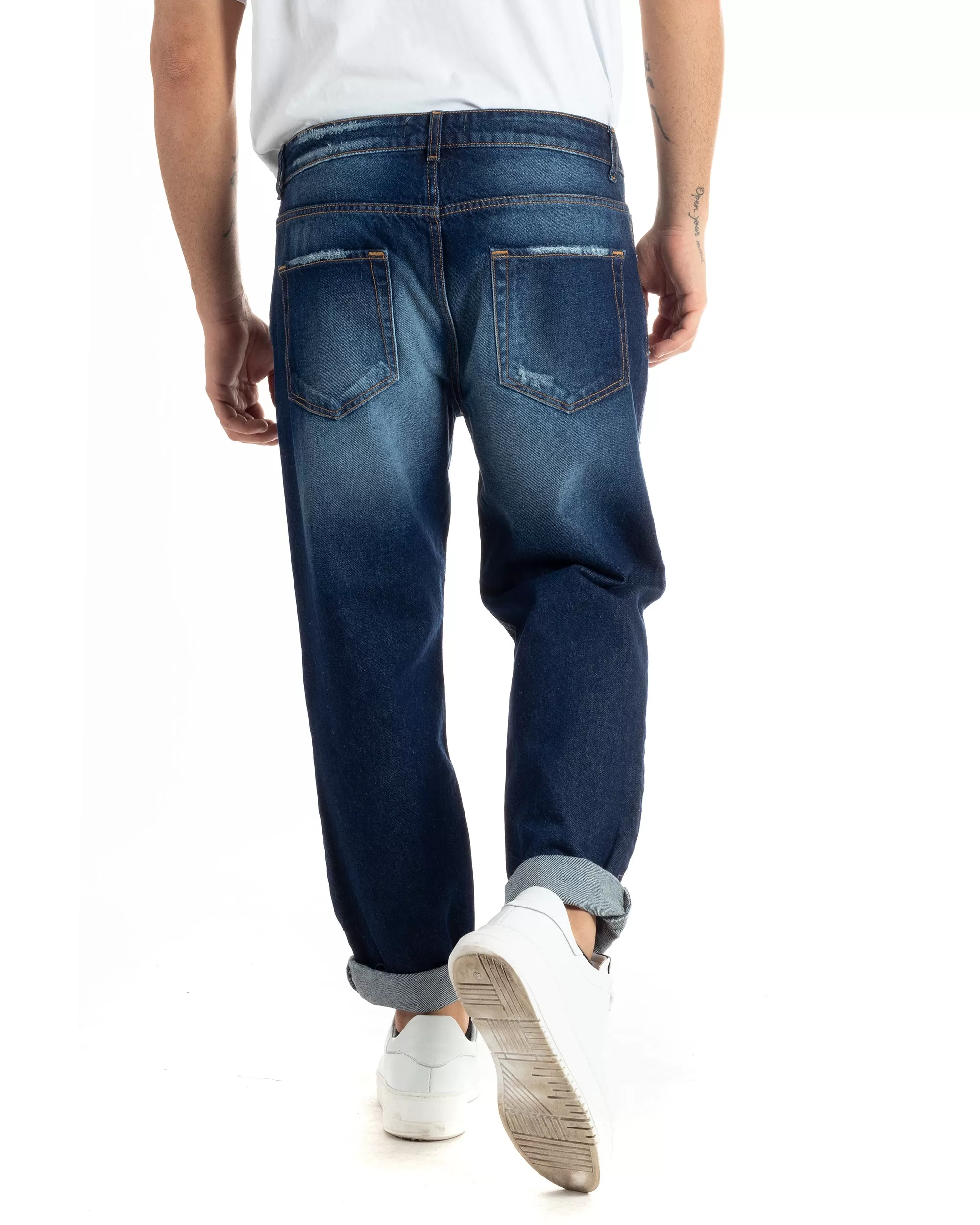 Pantaloni Jeans Uomo Loose Fit Denim Scuro Con Rotture Stonewashed GIOSAL-JS1001A