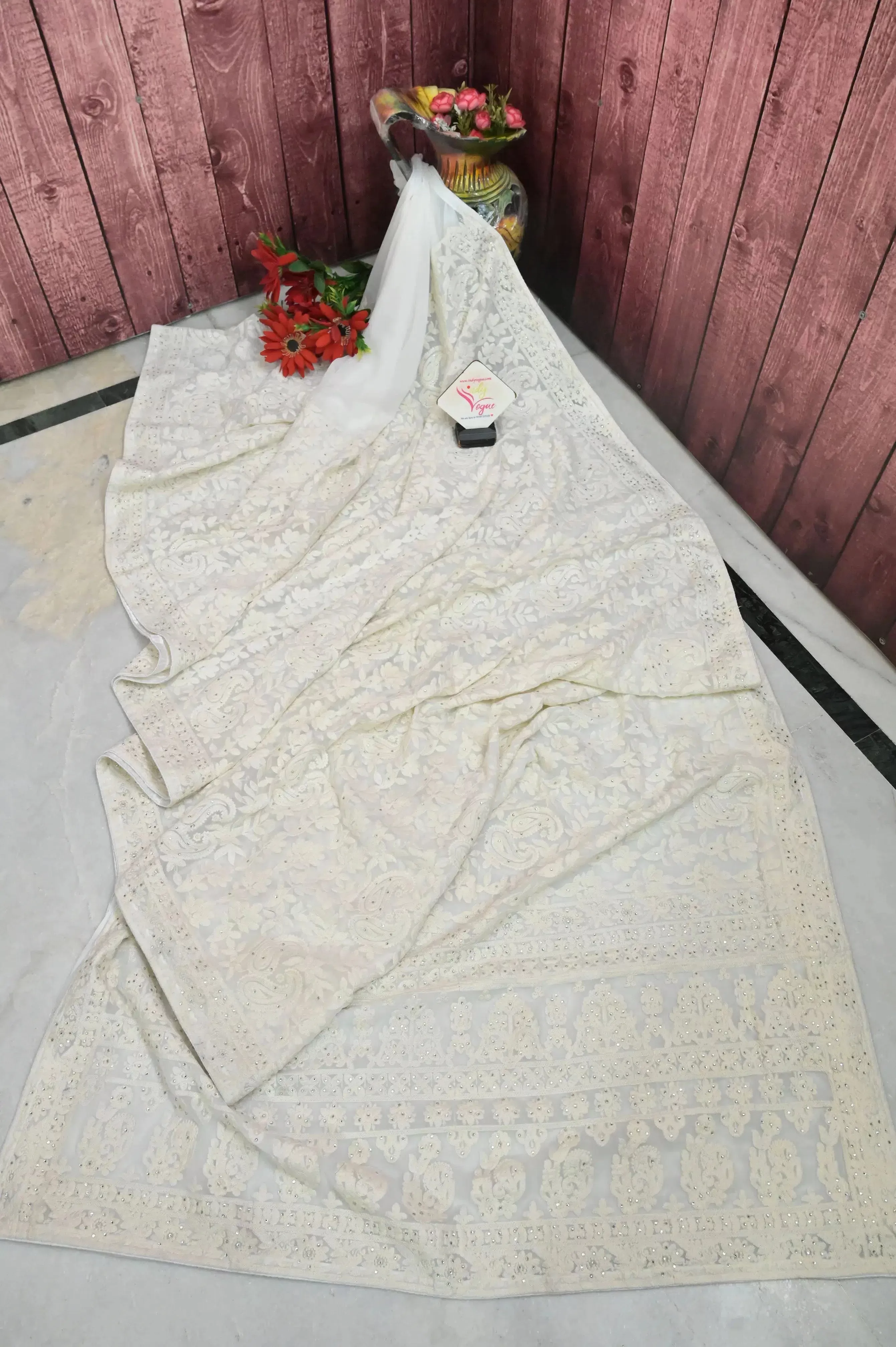 Paper White Color Georgette Saree with Chikankari and Zari Meena Work