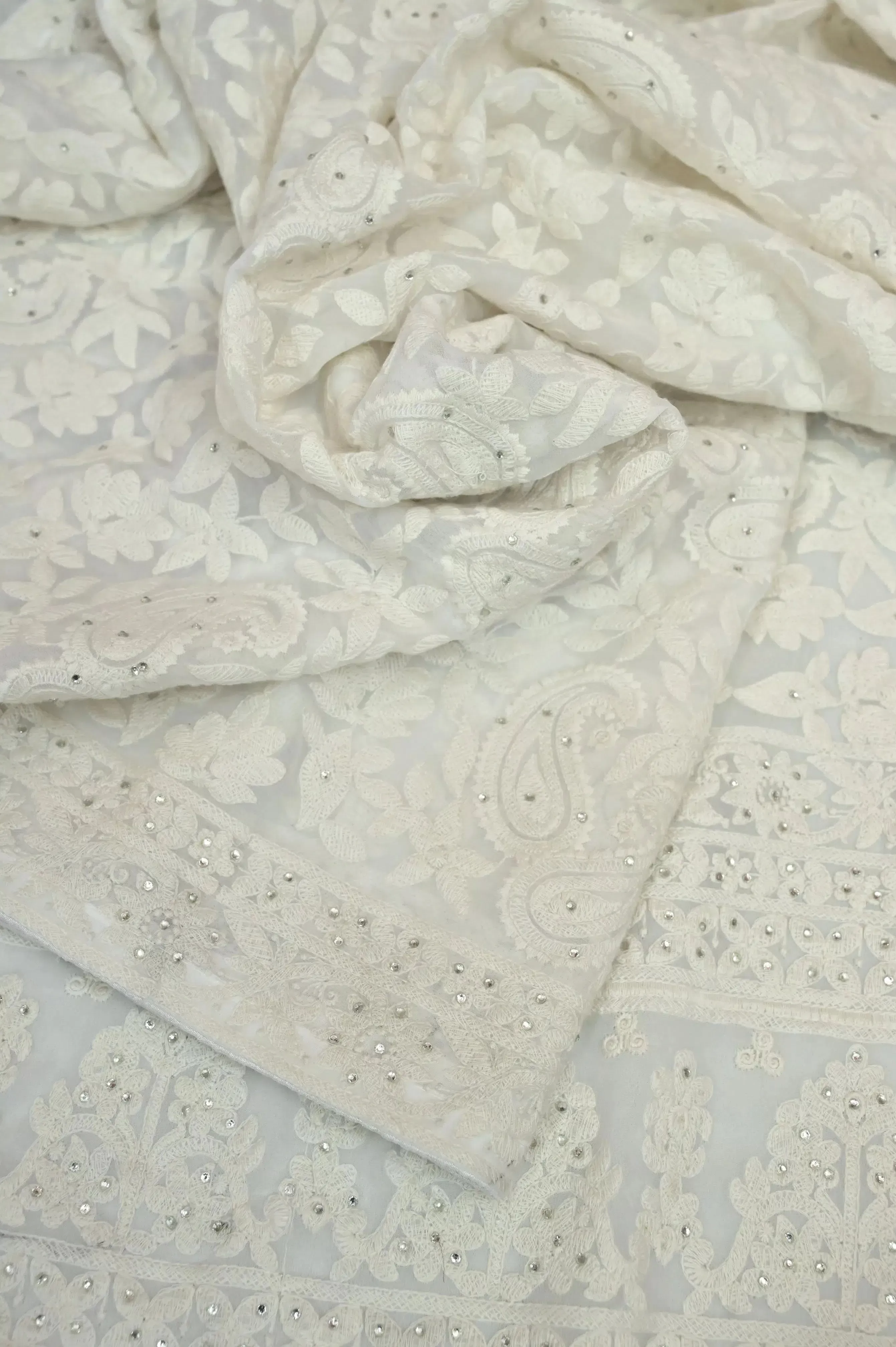 Paper White Color Georgette Saree with Chikankari and Zari Meena Work