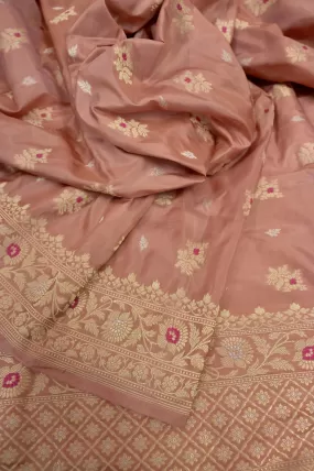 Peach Color Pure Katan Banarasi with Golden Meenakari Buti Work