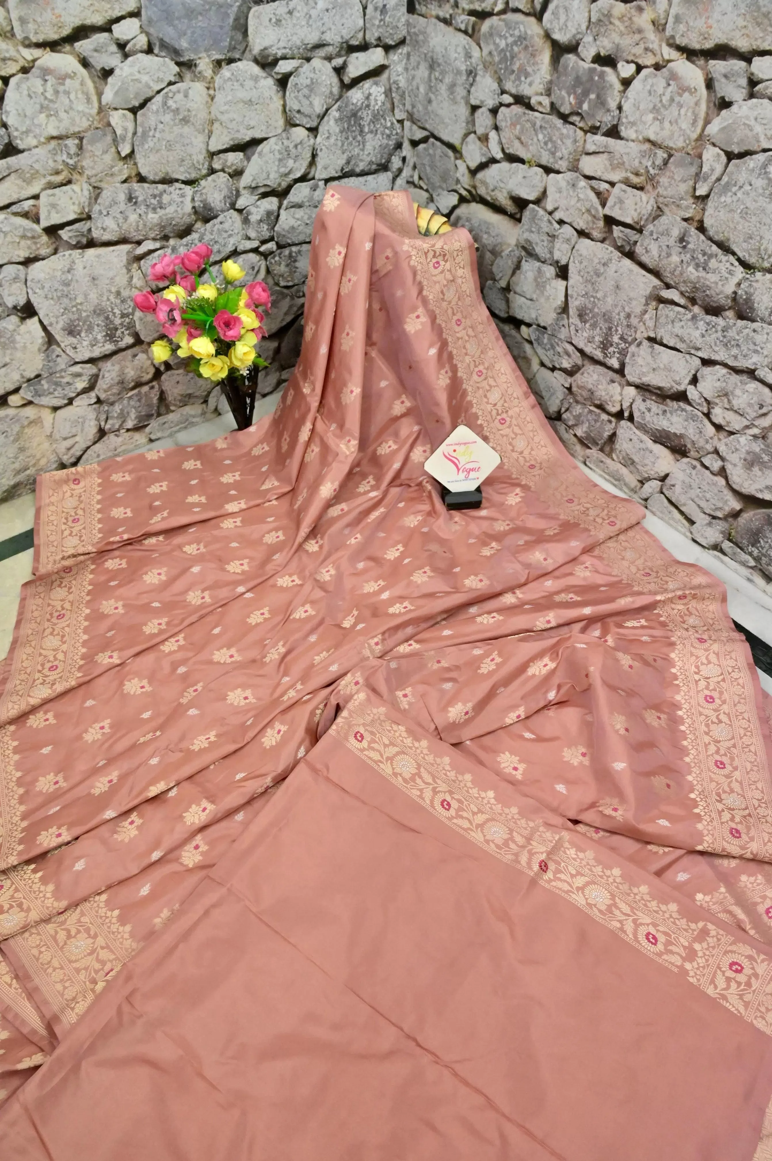 Peach Color Pure Katan Banarasi with Golden Meenakari Buti Work