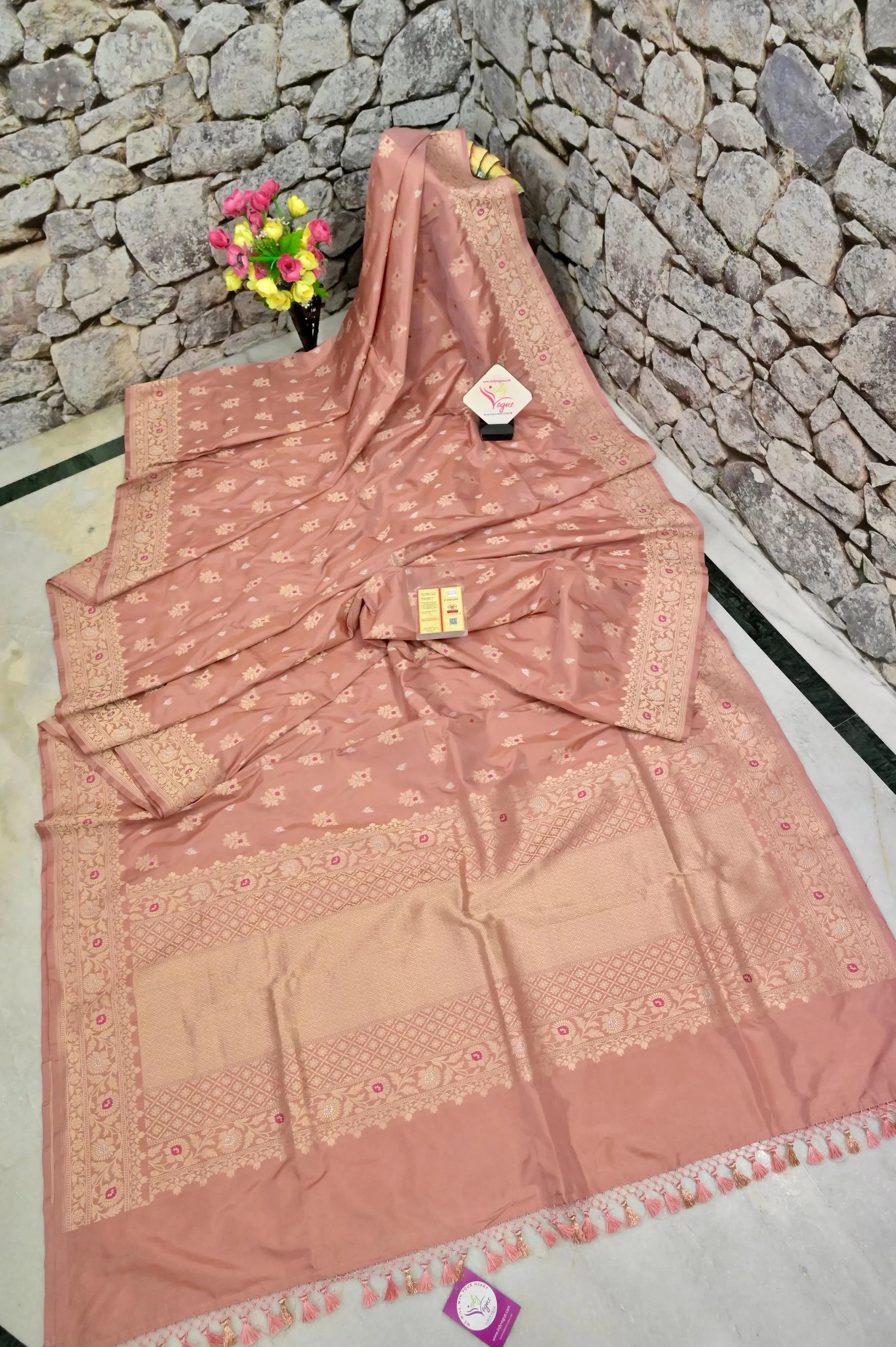 Peach Color Pure Katan Banarasi with Golden Meenakari Buti Work