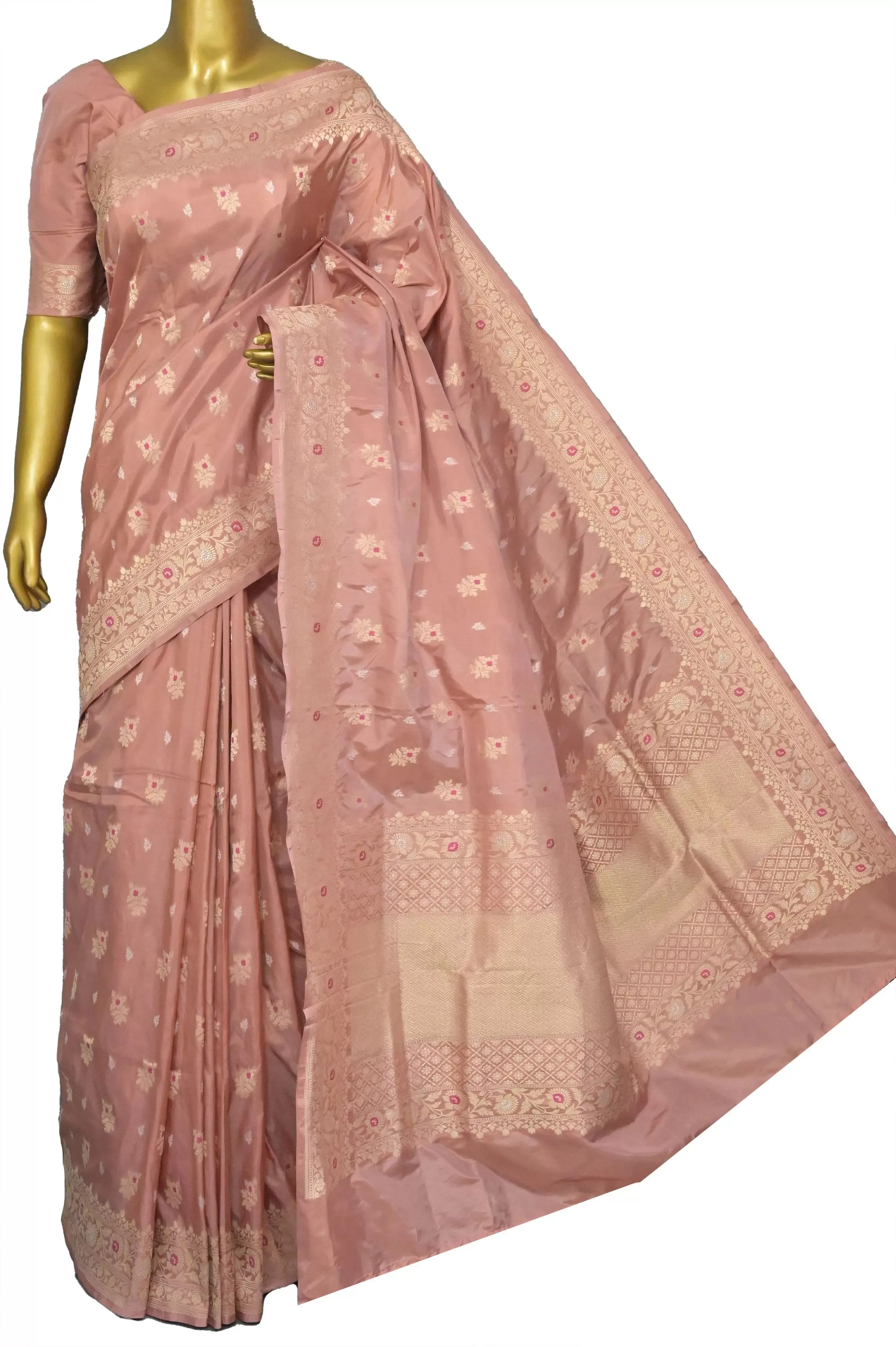 Peach Color Pure Katan Banarasi with Golden Meenakari Buti Work