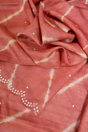 Peach Color Pure Tussar with Shibori Dye and Mirror Work with Scallop Border