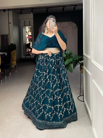 Peacock Blue Georgette Lucknowi Work Readymade Lehenga Set