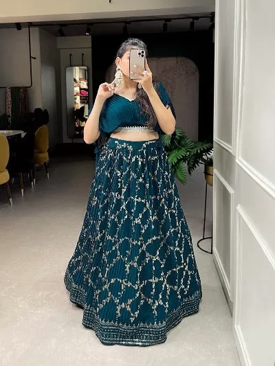 Peacock Blue Georgette Lucknowi Work Readymade Lehenga Set