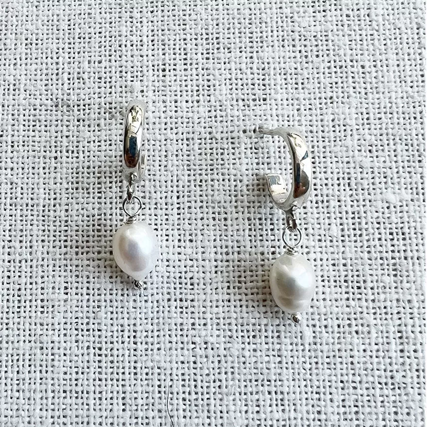 Pearl Drop Mini Hoop Earrings, Silver