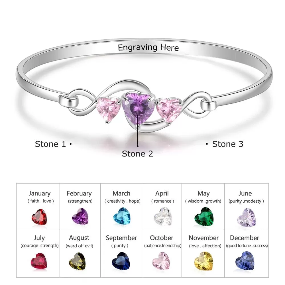 Personalized 3 Birthstones Engraving Infinity Bracelet