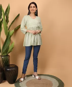 Pista green hand embroidery cotton chikankari gather top