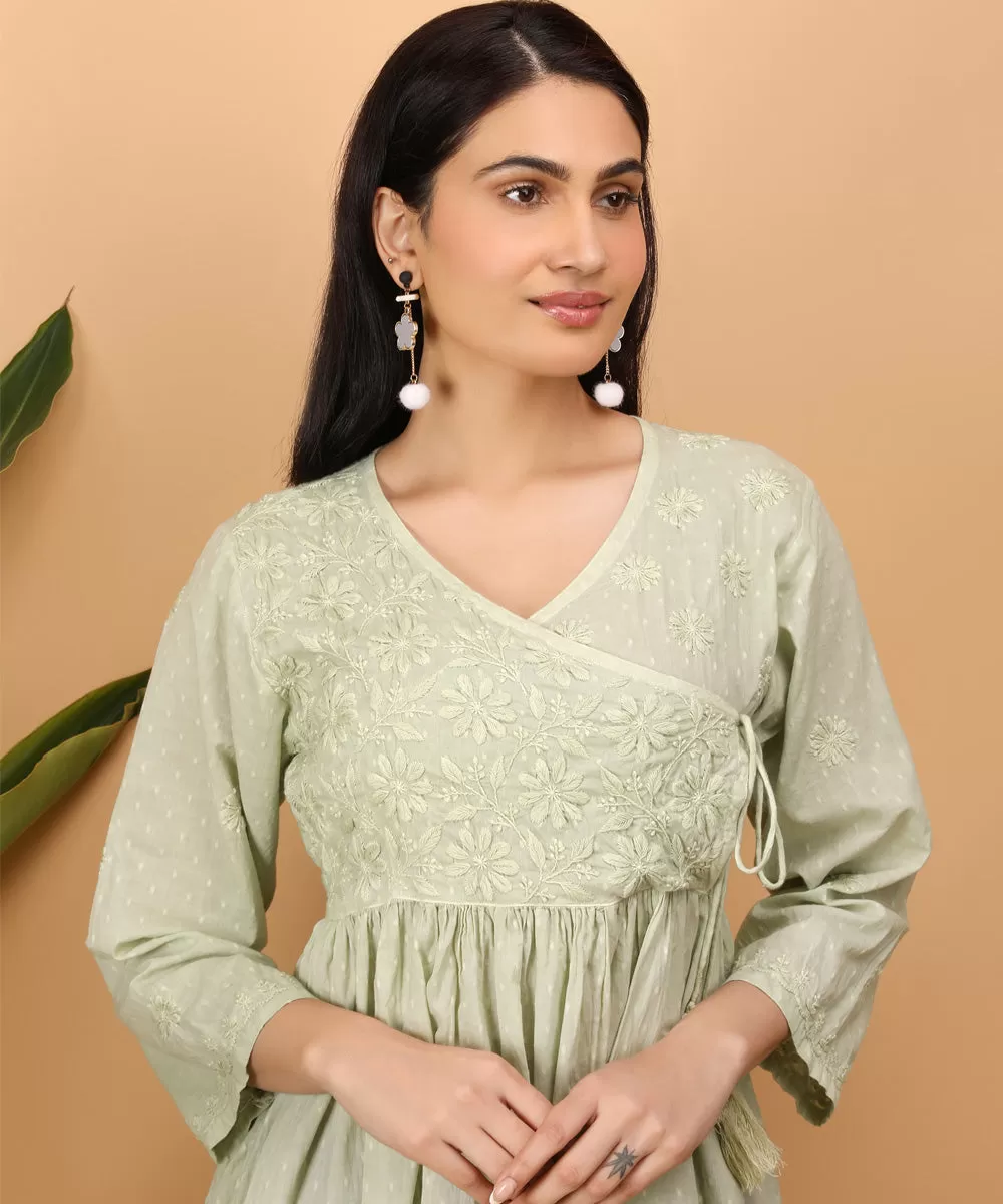 Pista green hand embroidery cotton chikankari gather top