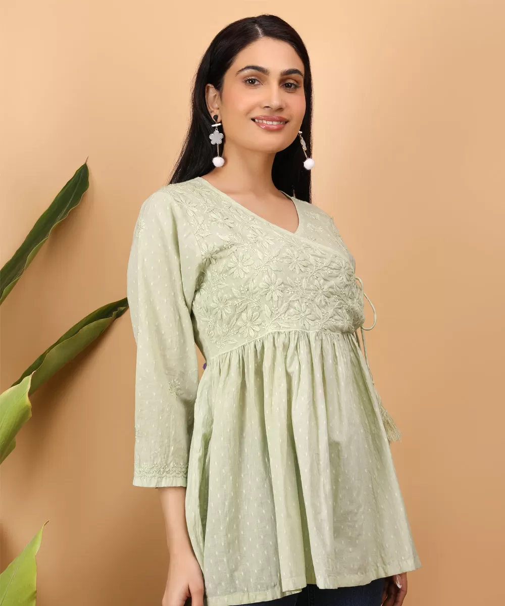 Pista green hand embroidery cotton chikankari gather top