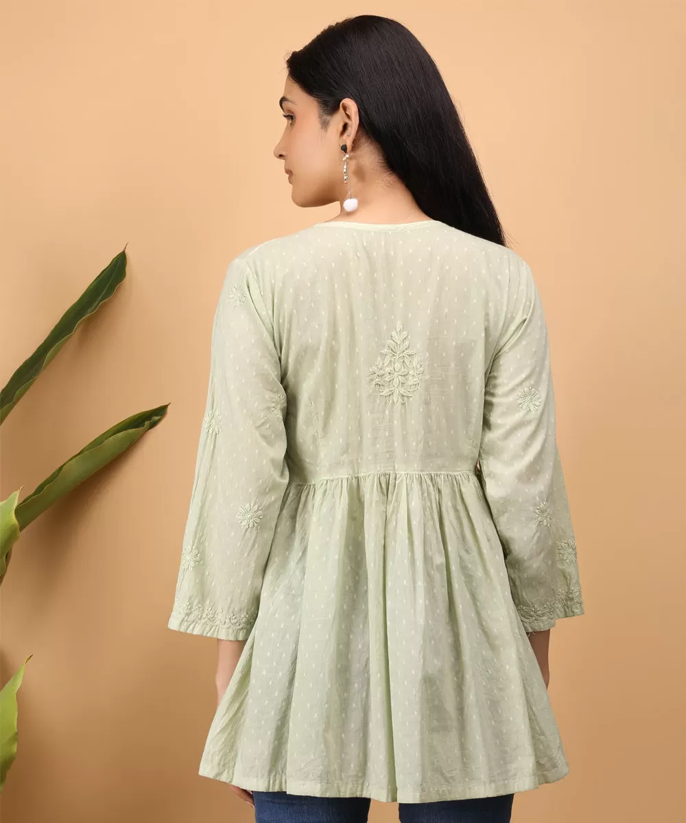 Pista green hand embroidery cotton chikankari gather top