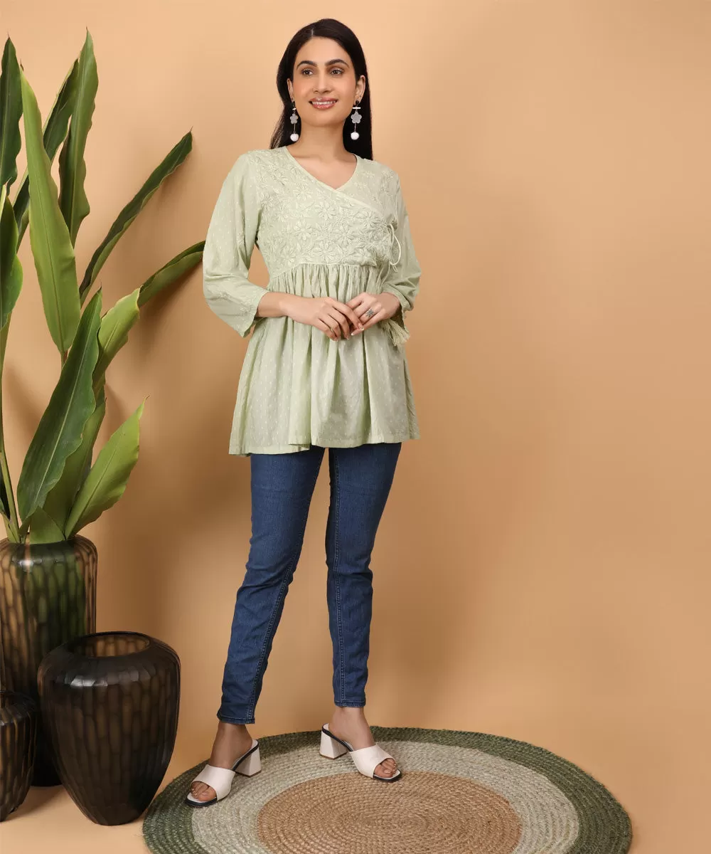 Pista green hand embroidery cotton chikankari gather top