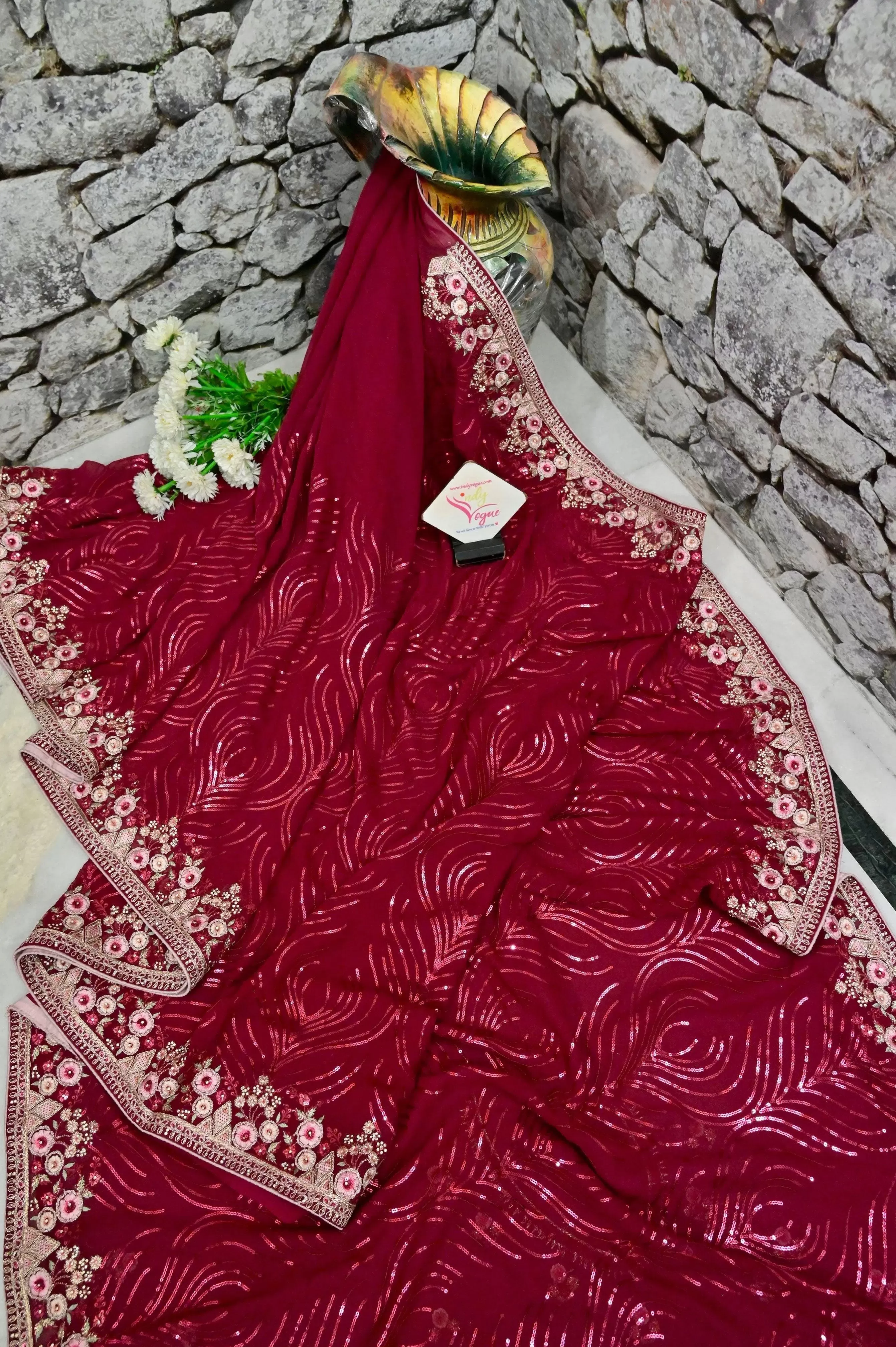 Red and Magenta Color Designer Georgette Saree with Sequin Weaving and Embroidery Work