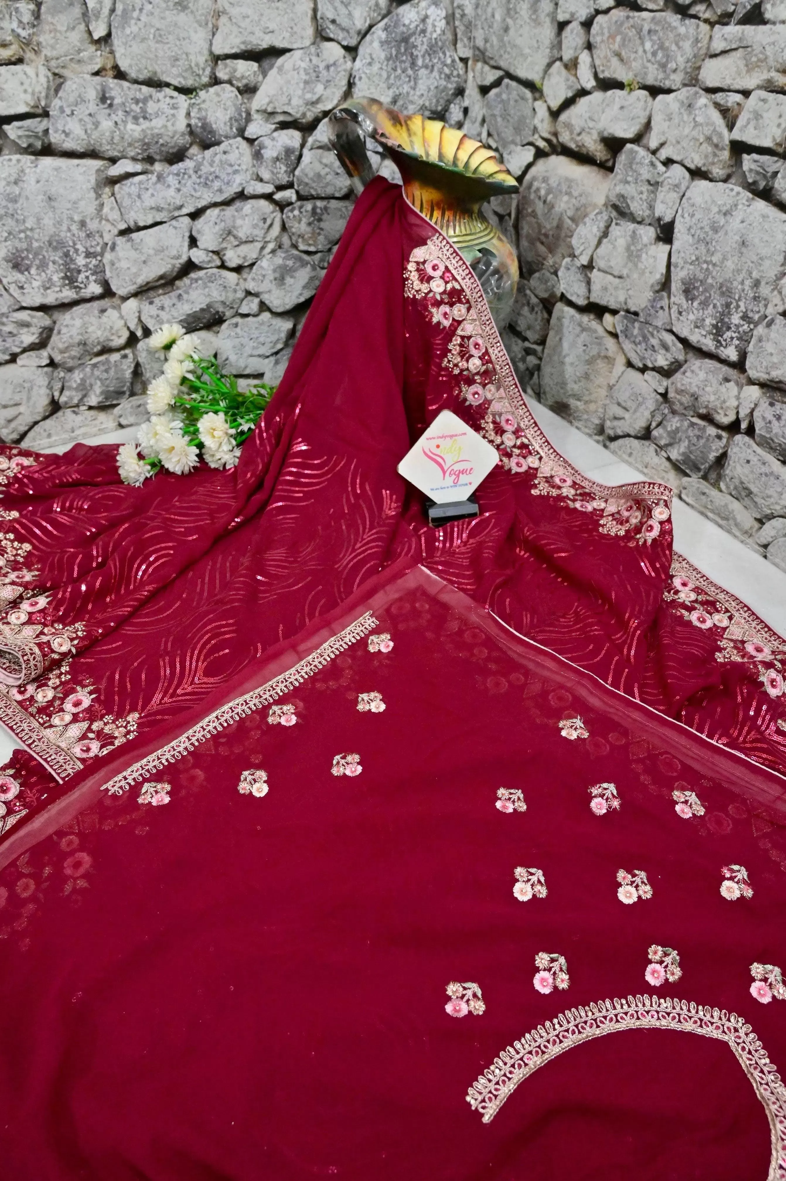 Red and Magenta Color Designer Georgette Saree with Sequin Weaving and Embroidery Work