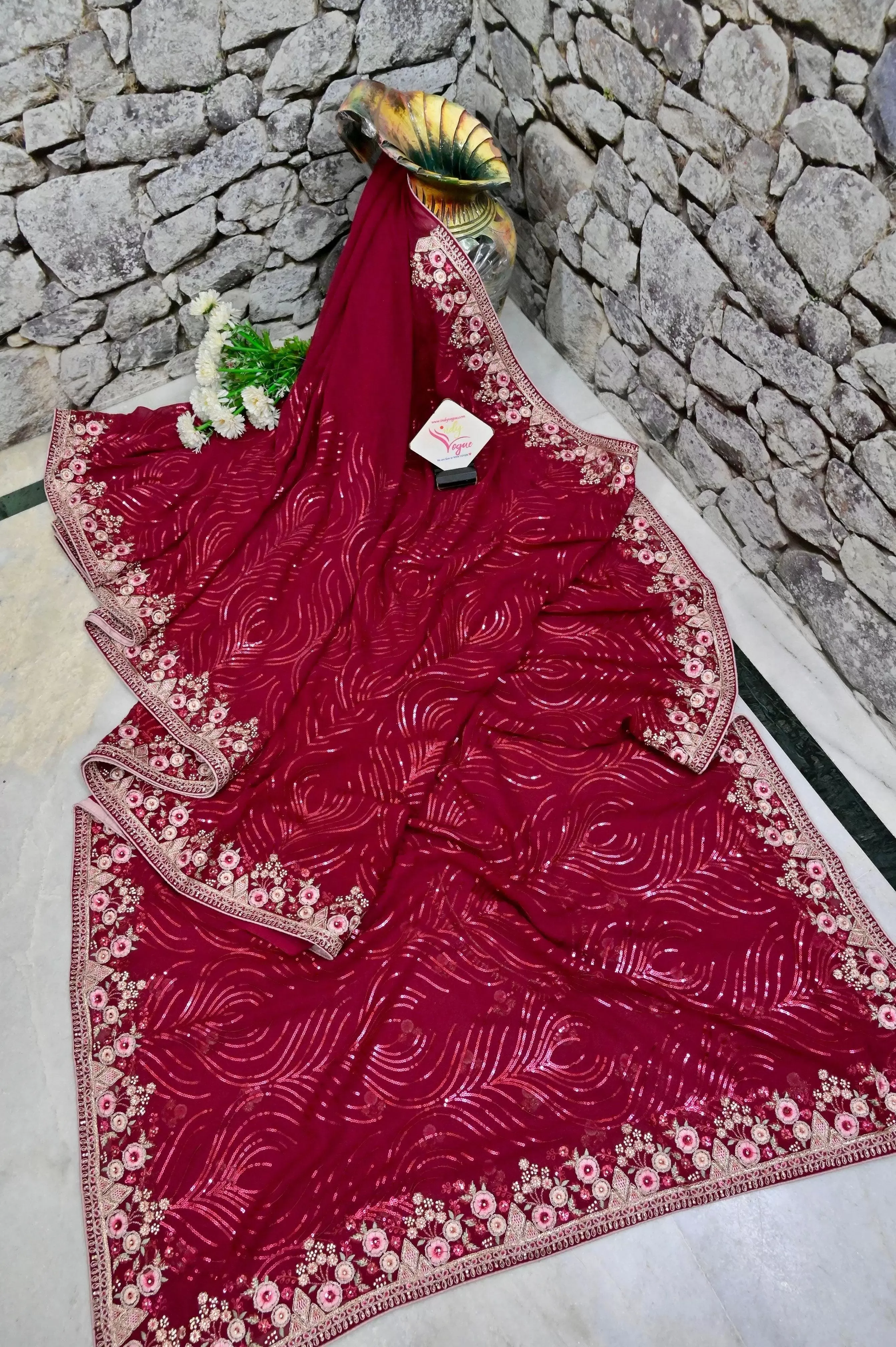 Red and Magenta Color Designer Georgette Saree with Sequin Weaving and Embroidery Work