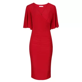 Red Wrap Top Slinky Cocktail Wiggle Dress w/ Butterfly Sleeves