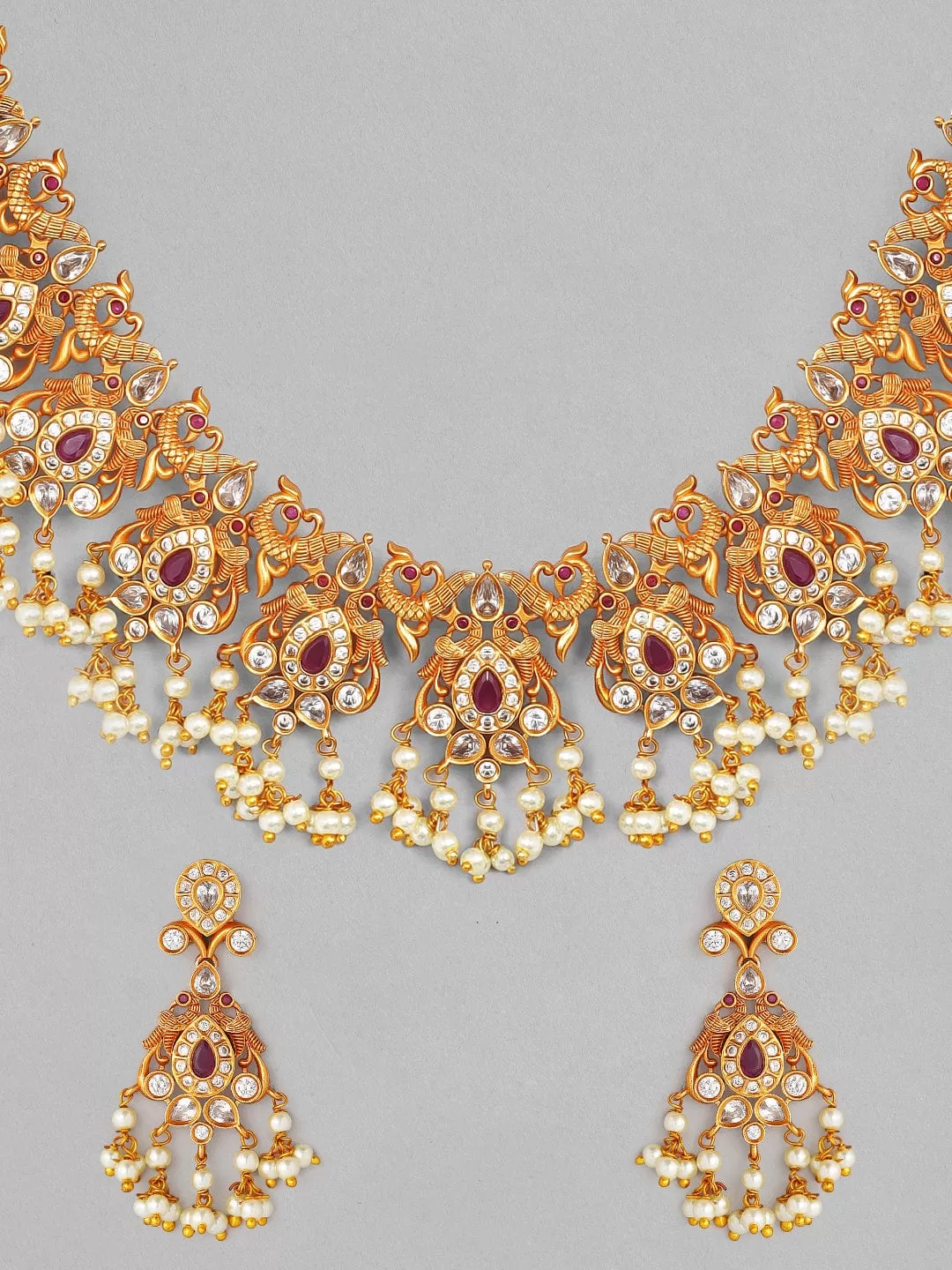 Rubans 22K Gold Plated Handcrafted Ruby Stone with Pearls Traditional Necklace Set