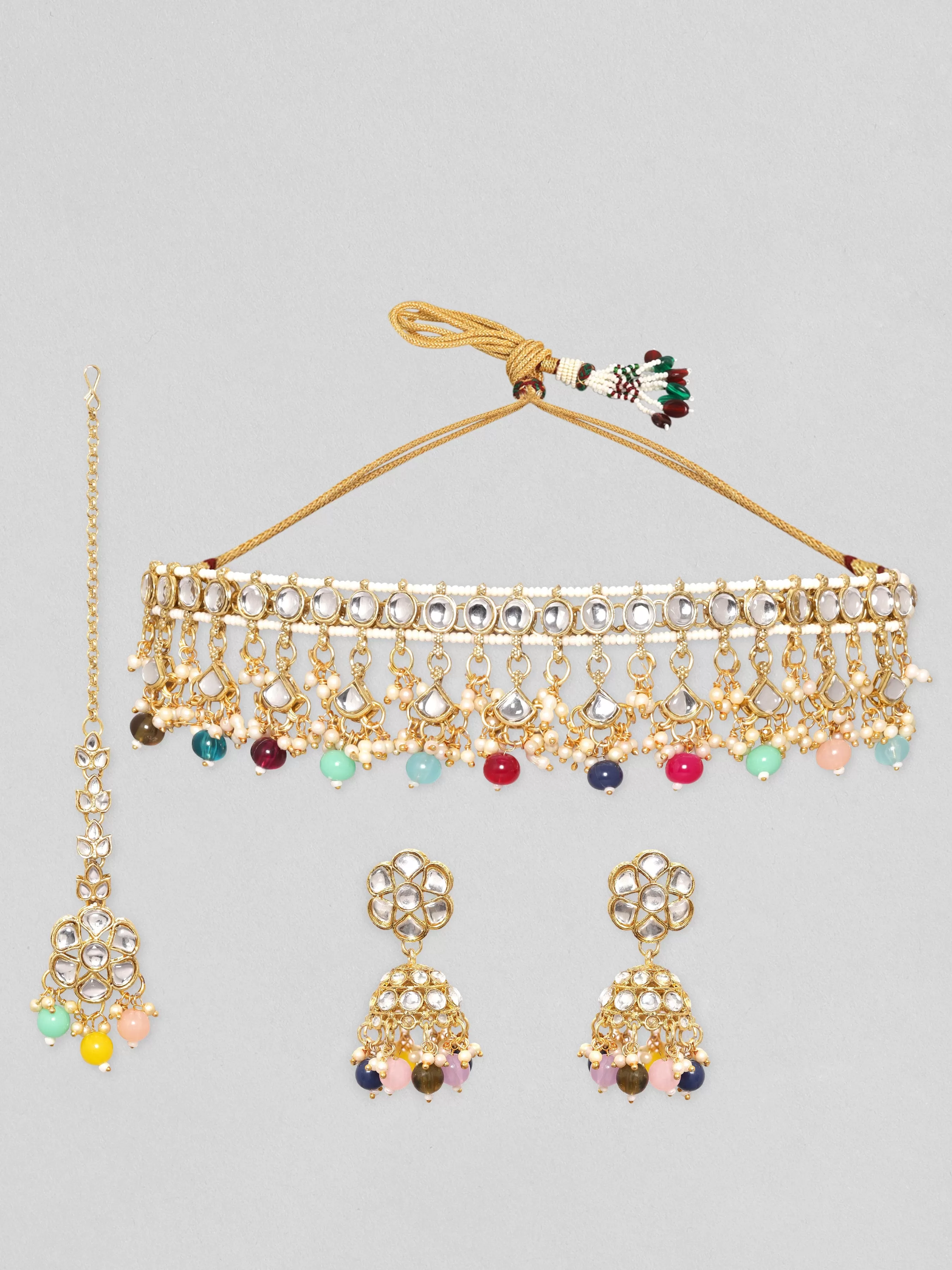 Rubans 24K Gold Plated Multicolour Beaded Kundan Studded Choker Jewellery Set