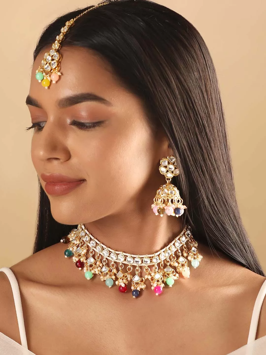 Rubans 24K Gold Plated Multicolour Beaded Kundan Studded Choker Jewellery Set