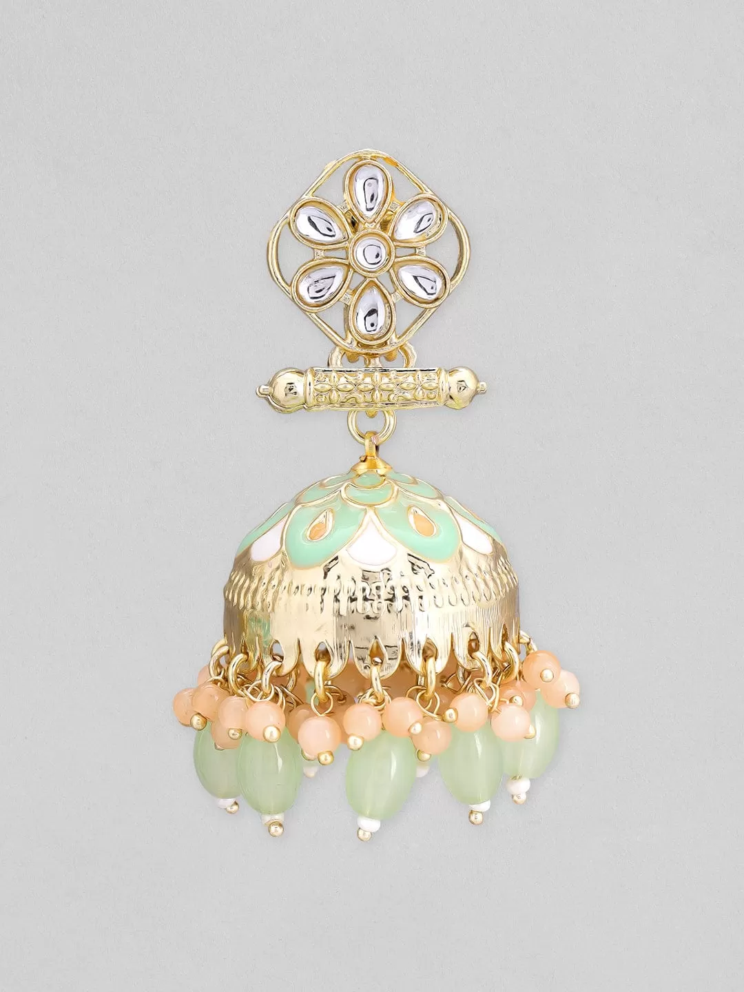 Rubans Gold Plated Pastel Earrings With Mint Green Enamel, Pink And Mint Beads