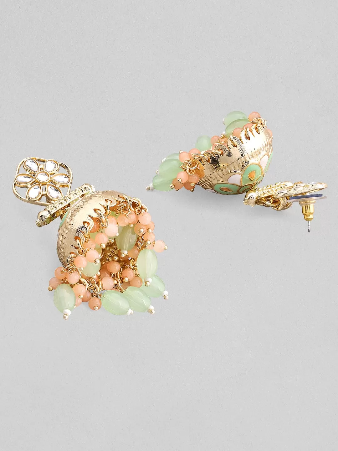 Rubans Gold Plated Pastel Earrings With Mint Green Enamel, Pink And Mint Beads