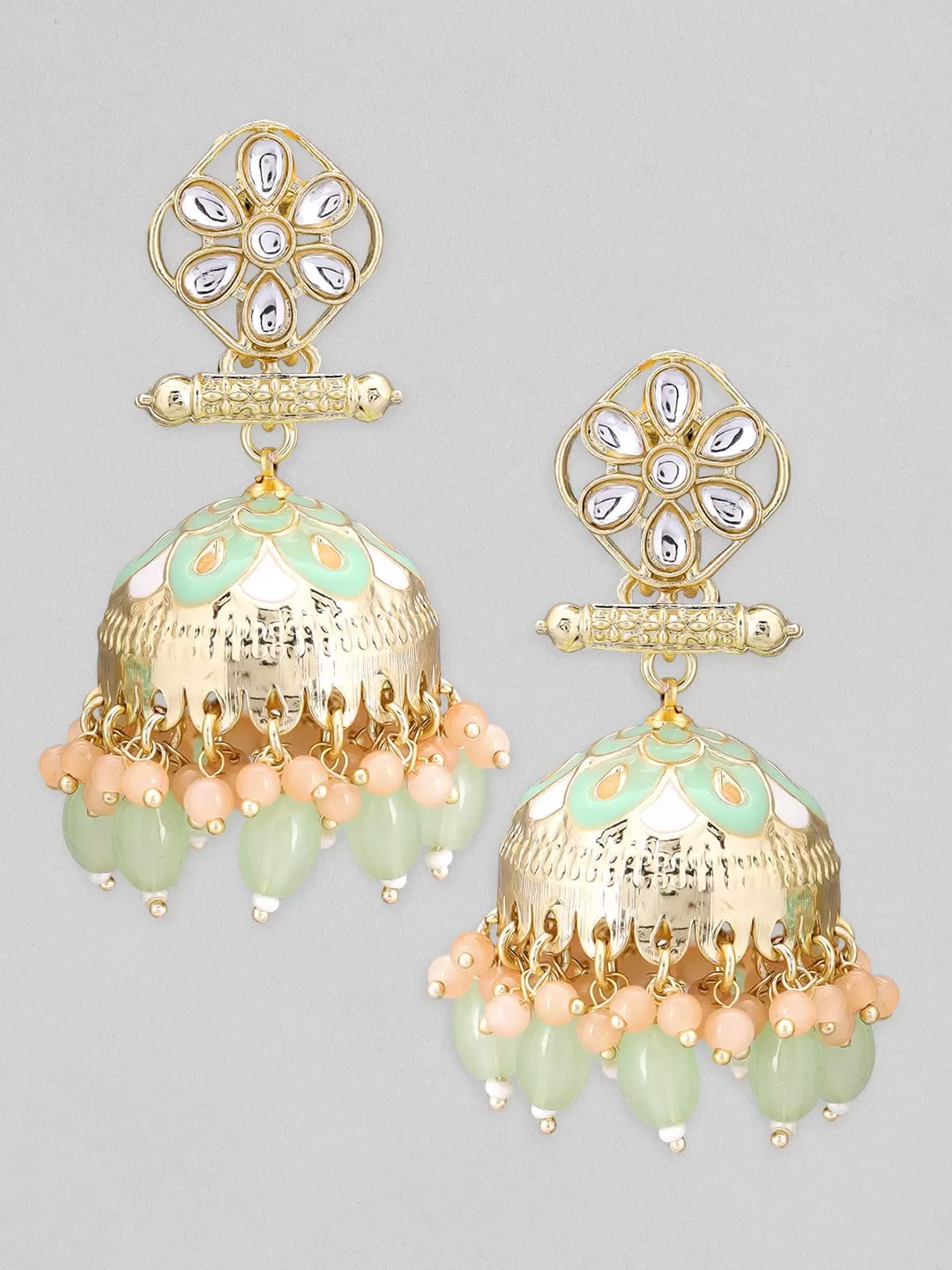 Rubans Gold Plated Pastel Earrings With Mint Green Enamel, Pink And Mint Beads